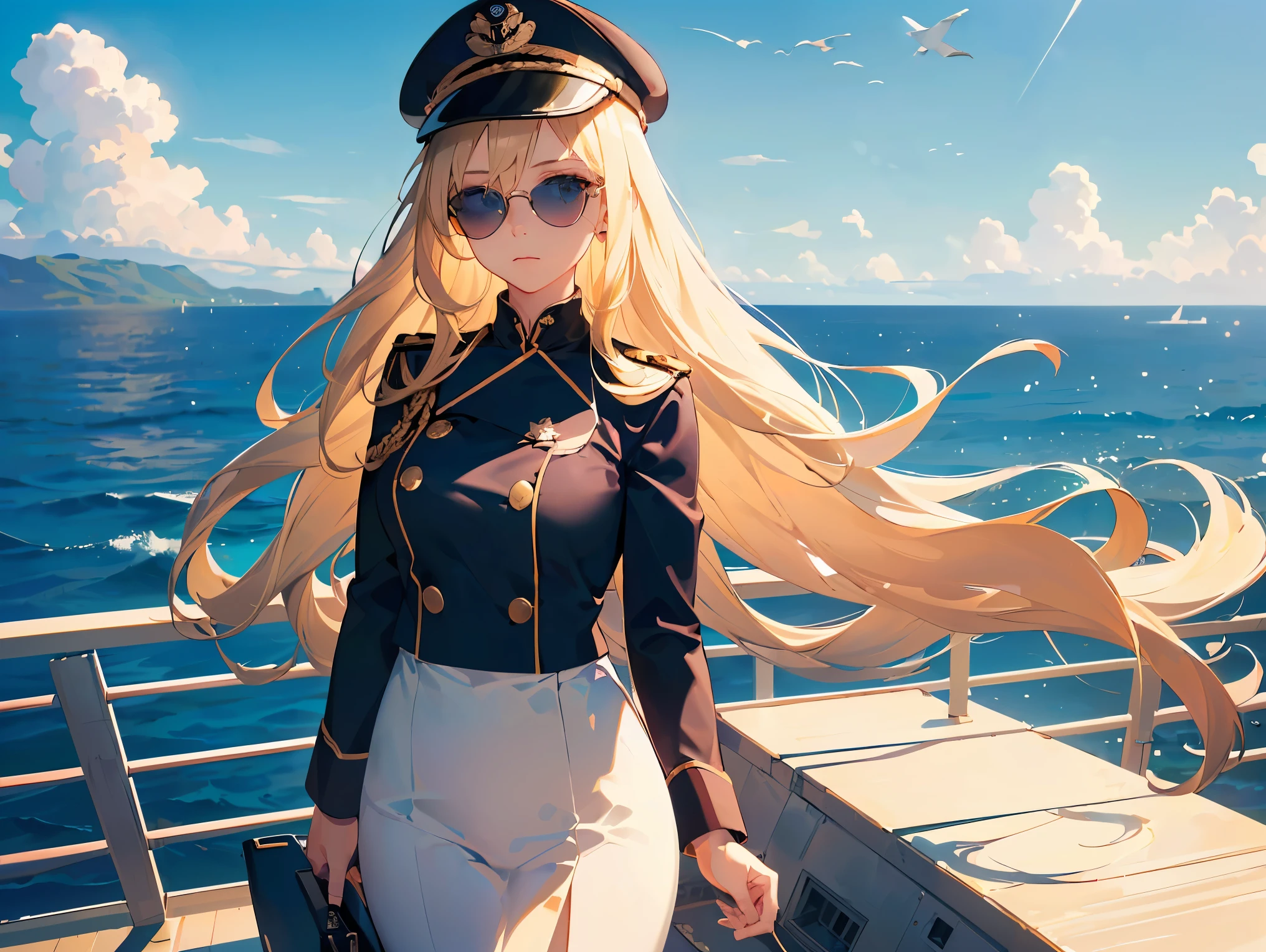 (((Best quality, 8k, Masterpiece: 1.3)), ((best quality)), ((masterpiece)), (detailed), perfect face, perfect body, (detailed skin:1.3), (intricate details), A confident female navy officer standing on the deck of an aircraft carrier, gazing out at the open sea. She wears aviator sunglasses, a crisp navy uniform adorned with golden insignias, and a peaked cap. Her long blonde hair flows in the sea breeze, which she gently holds back with her right hand. The ocean stretches endlessly in the background under a bright blue sky with a few scattered clouds. The scene captures a sense of authority, serenity, and the grandeur of naval life, sunglasses, blonde hair, floating hair