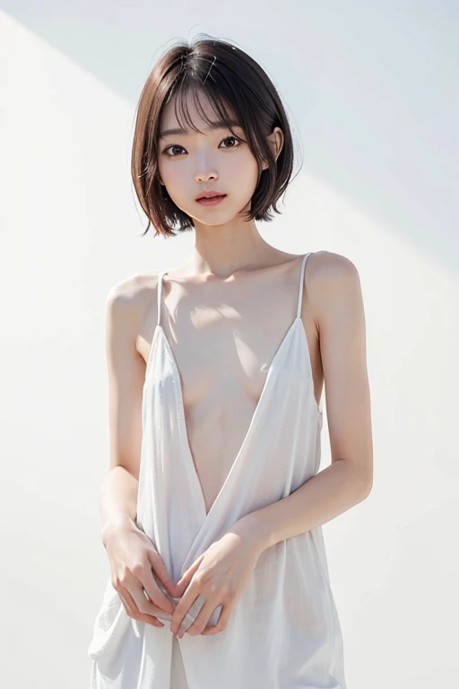 Young Japanese woman, 30s, white background, simple background, short bob hair, slender, 4K, 8K medium, high resolution, beautiful woman, beautiful eyes, simple, high resolution, alone, beautiful skin, beautiful skin, Smile, relax, 