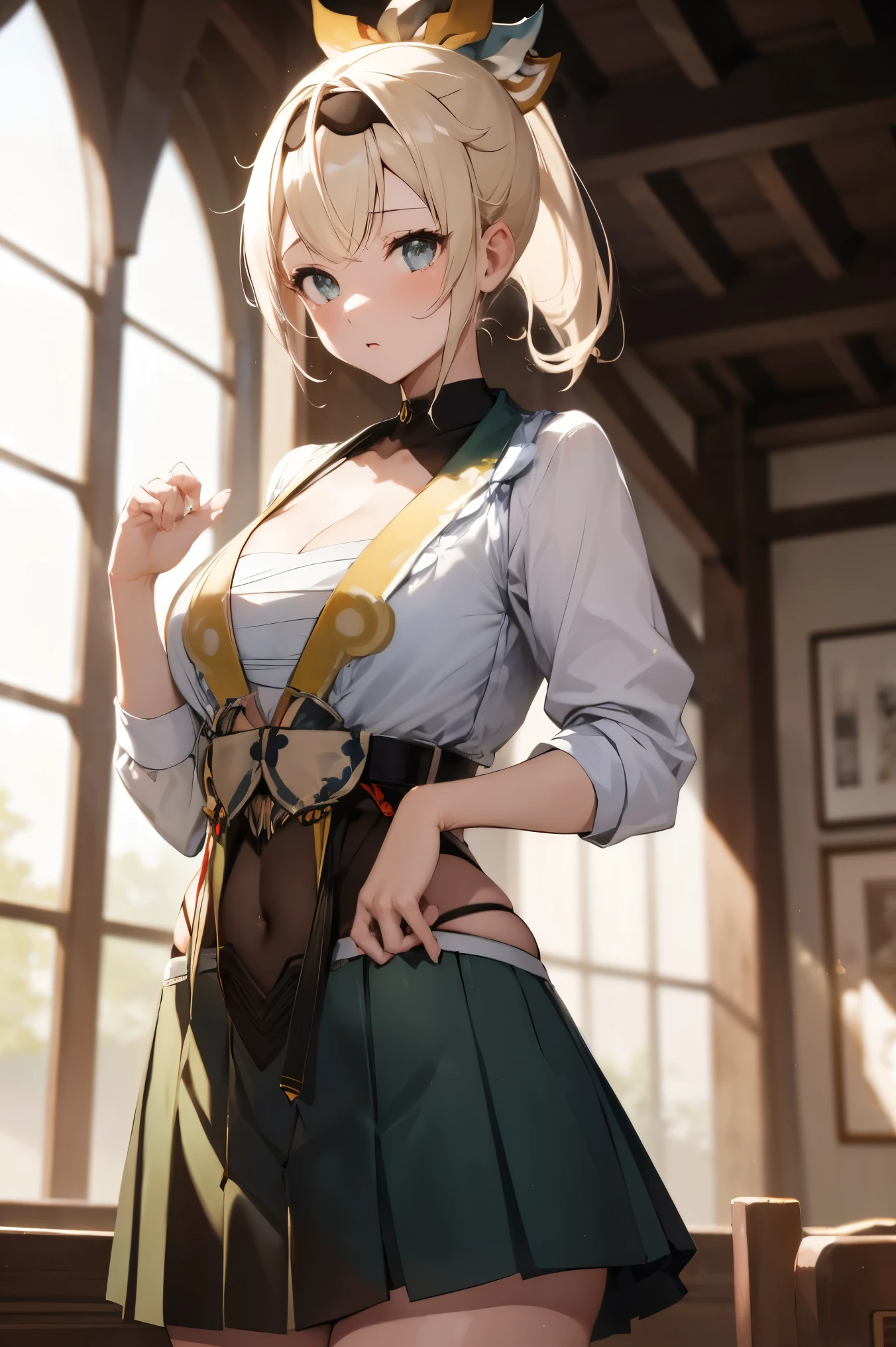 NSFW,masterpiece, best quality, high definition , very detailed,Kazama Iroha、 hair ornament、 headband、 ponytail 、 hair ornament、 headband、Bleaching、Haori、Belly button、Black gloves、 pleated skirt、Green skirt、White knee socks、 cleavage,knife, fantasy standing in a church, Adventurers Guild, reception counter