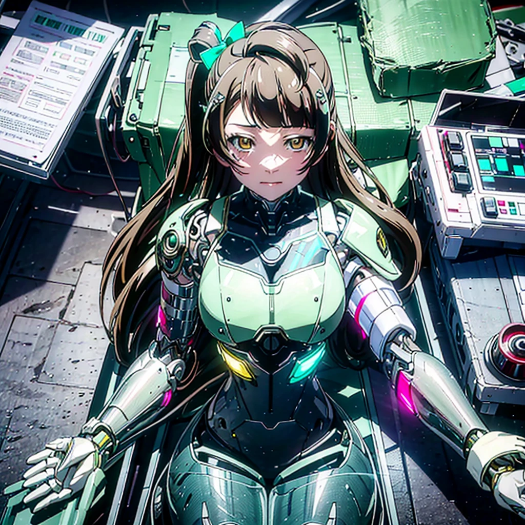 High Quality. Modification surgery. Lying on her back on the operating table at the institute. Kotori Minami being made into a cyborg with a machine body. The body of a precision machine with exposed mechanical parts. Her whole body is visible. Image from above.