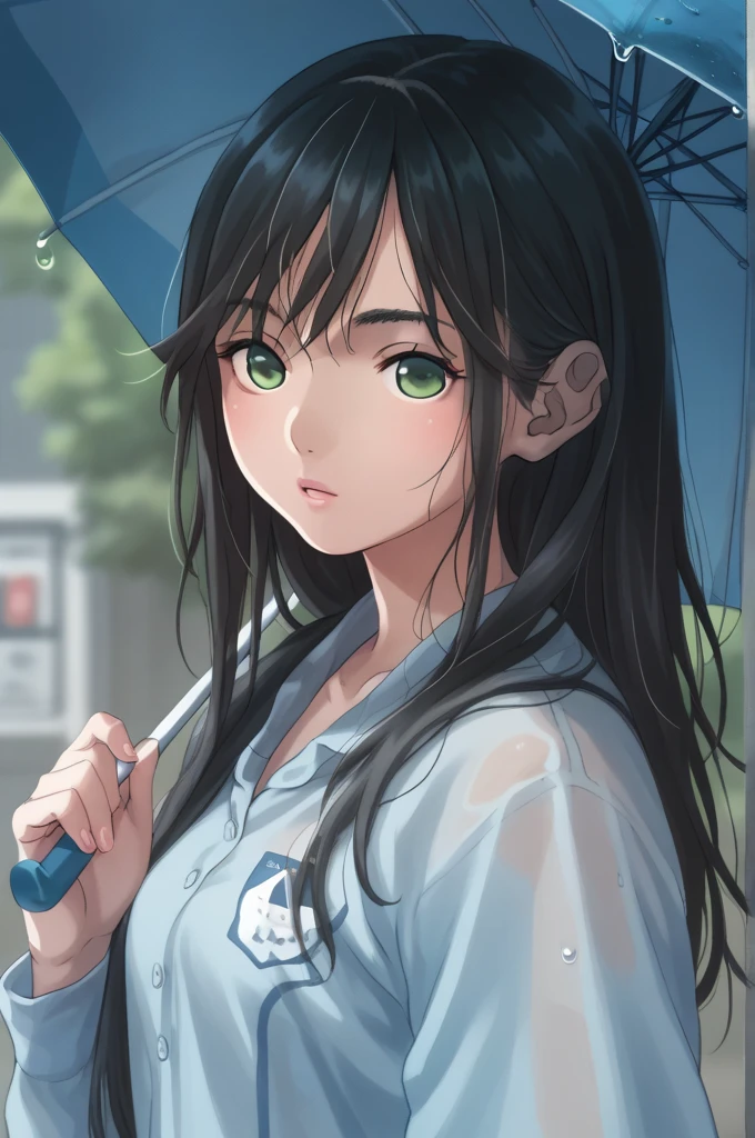 Tall　A beautiful system　Long Hair　 black hair　Poses like a photo book　Green Eye　Holding an umbrella in a rainy park