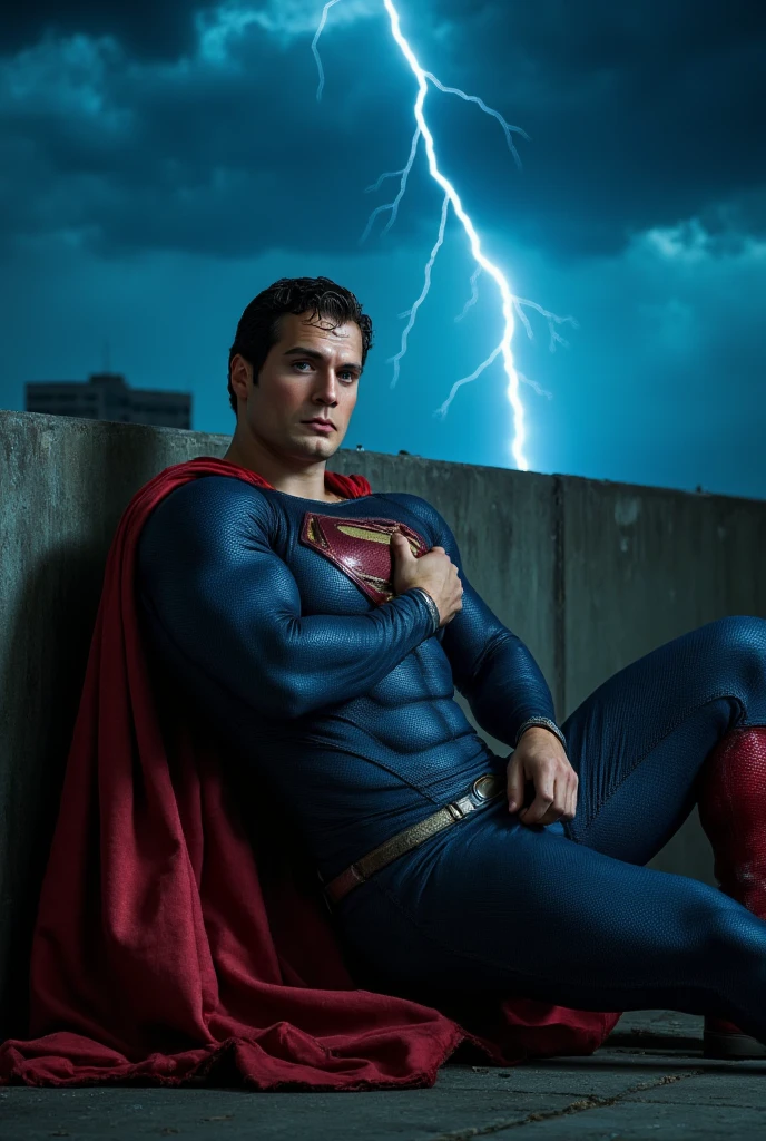 A muscular attractive h3nr4, Henry Cavil with Short stubble, strong physique, muscular thighs, Sexy and charming expression，gloomy eyes，Blue eyes, wetclothes, dressed in tight blue Superman suit, a red cape falls behind his shoulders, and he wears red superhero boots, lies on the floor leaning against a wall, in pain, with one hand on his chest, his eyes closed. Dark clouds lightning background, night lighting, cinematic and moody, (best quality,4k,8k,highres,masterpiece:1.2),ultra-detailed,(realistic,photorealistic,photo-realistic:1.37),HDR,studio lighting,professional,vivid colors,dramatic lighting