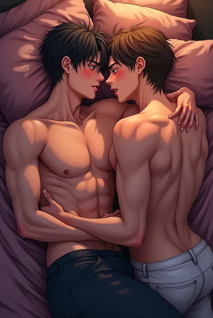 Highres, Masterpiece, Best quality at best,Best Quality,hight quality, hight detailed, Anime style,Two men,Kiss in bed,lovey-dovey,homoerotic,embarrassed from, Tank top,Height difference,Man with black hair,Brown hair,stare at each other,a couple,queeran to man