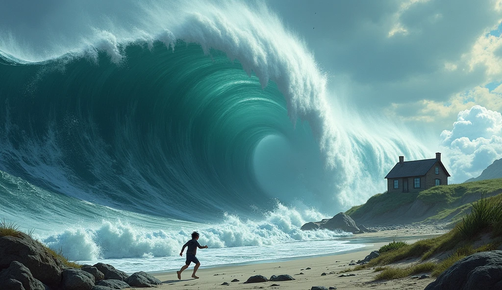 Tsunami waves crash into land from the sea. A boy falls from a ship in the sea. Others are asking for help.