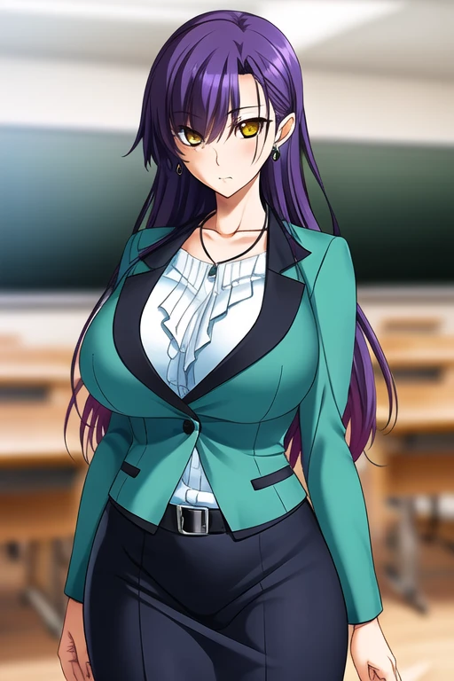  1 girl ,  adult woman, Female Teacher,After class 2,kaoruko sakakibara ,Purple Hair,  long hair,  hair hanging over shoulders ,bangs,7：3 parted hair ,Yellow Eyes, earrings for a woman alone,clavicle, normal breasts,Light green jacket, pink blouse,belt, Red Long Skirt, yellow pumps , simple school empty classroom background,Head to Knee, standing straight ,Alone,  anatomically correct ,  is high definition , Accurate, 最  High Quality  ,  high detail, ,  High Quality  , Ultra High Definition, textured skin,  8k octane,