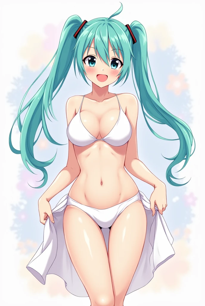 hatsune miku, aqua hair, aqua eyes, long hair, twintails, (miniskirt, leopard print bikini:1.8, micro bikini, white shirt, swimsuit), (dark tan skin:1.2), shiny skin, ,
BREAK
large breasts, nipples, happy, smile, blush cheeks, breath, sweat, undressing,
BREAK
hetero, (hetero couple),(sex:1.5),(vaginal),spread legs,lying,on back,penis,cum in pussy, (focus on girl), nsfw,
