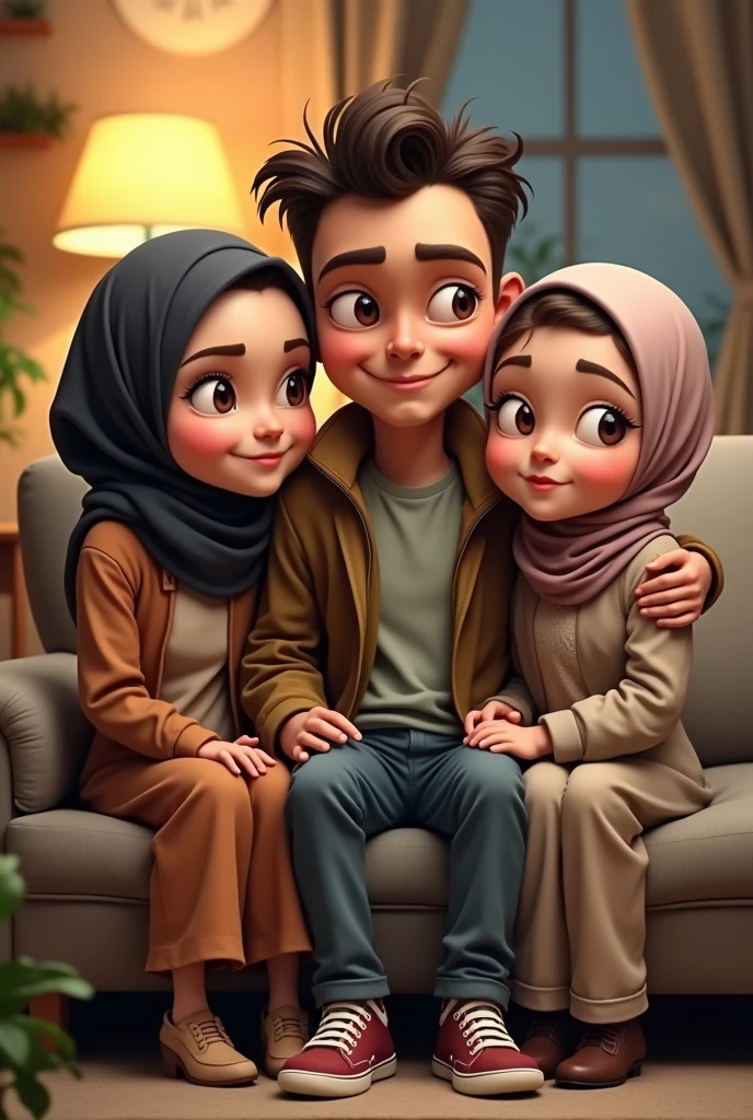 ((3 hijabless man wear jacket sitting), (3 hijabbed woman sitting)), cute face, 3D comical character, happy expression, casual fasion, white skin people, just concentrate, crowdless background, extreme detail, masterpiece, 4k, proportional, cinematic lighting