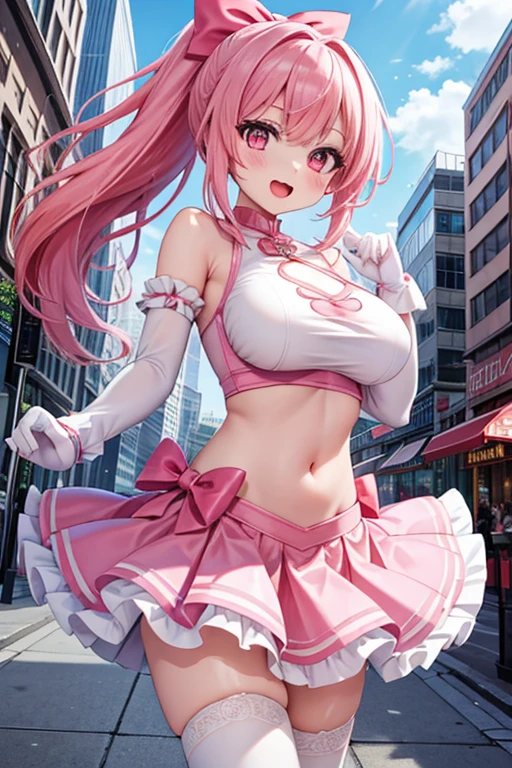 masterpiece、highest quality、Very detailed、Photograph the upper body、1 female、(Put your arms behind your back:1.4)、Are standing、Turn your body forward、View your viewers、(Figure Skating Costumes)、break,blush、shy、Pink Hair、Open your mouth、Skating rink、Big Breasts、