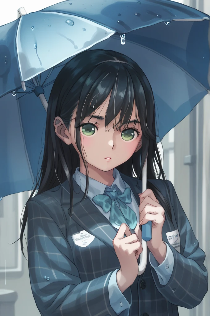  girl　 small tits　Long Hair　 black hair　Poses like a photo book　Green Eye　Holding an umbrella in a rainy park　 blazer