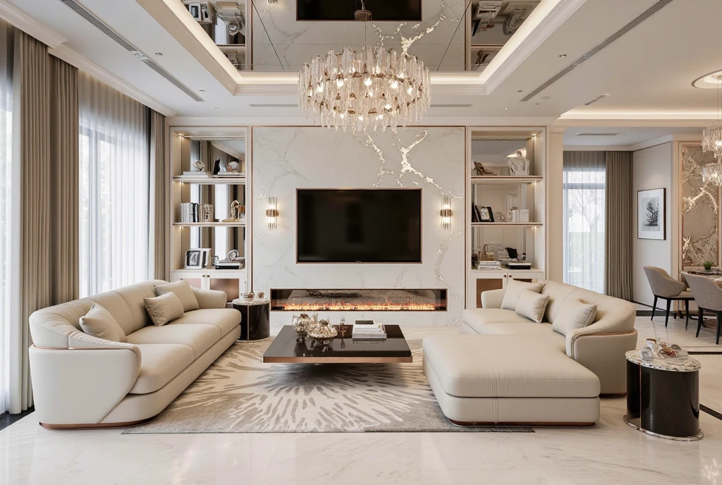 This image showcases a luxurious and contemporary living room with a sophisticated, yet inviting atmosphere. The room is anchored by a plush, off-white sofa and a matching oversized ottoman, creating a comfortable and spacious seating area.  Two elegant armchairs with rounded backs add to the seating options. A sleek, dark coffee table sits in the center, providing a surface for decorative items and refreshments.

The room features a striking marble floor and a partial marble wall, adding a touch of opulence and visual interest. A large, flat-screen television is mounted on the marble wall above a modern fireplace, creating a focal point for entertainment.  Built-in shelving provides storage and display space.

Large windows offer ample natural light and a view of the exterior, while elegant taupe drapes provide privacy and soften the light. A dramatic, multi-tiered chandelier with crystal accents hangs from the mirrored ceiling, adding a touch of glamour and reflecting the light throughout the room. Wall sconces provide additional illumination.

The overall color palette is neutral and sophisticated, with creams, whites, and taupes dominating the space. Touches of black in the furniture and rug add contrast and definition. The room is clearly designed for both comfort and style, offering a luxurious and inviting space for relaxation and entertainment. Enhance the quality of rendered images! Here are some key suggestions: 1. **Resolution**: Increase the resolution for sharper and more detailed visuals. 2. **Lighting**: Experiment with different light sources and angles to achieve realistic effects. 3. **Materials and Textures**: Use high-quality textures and pay attention to details like reflections. 4. **Post-Processing**: Adjust contrast, brightness, and color balance after rendering to elevate the images. 5. **Render Settings**: Optimize settings like anti-aliasing and global illumination to enhance quality without extending rendering time. Implement these tips t