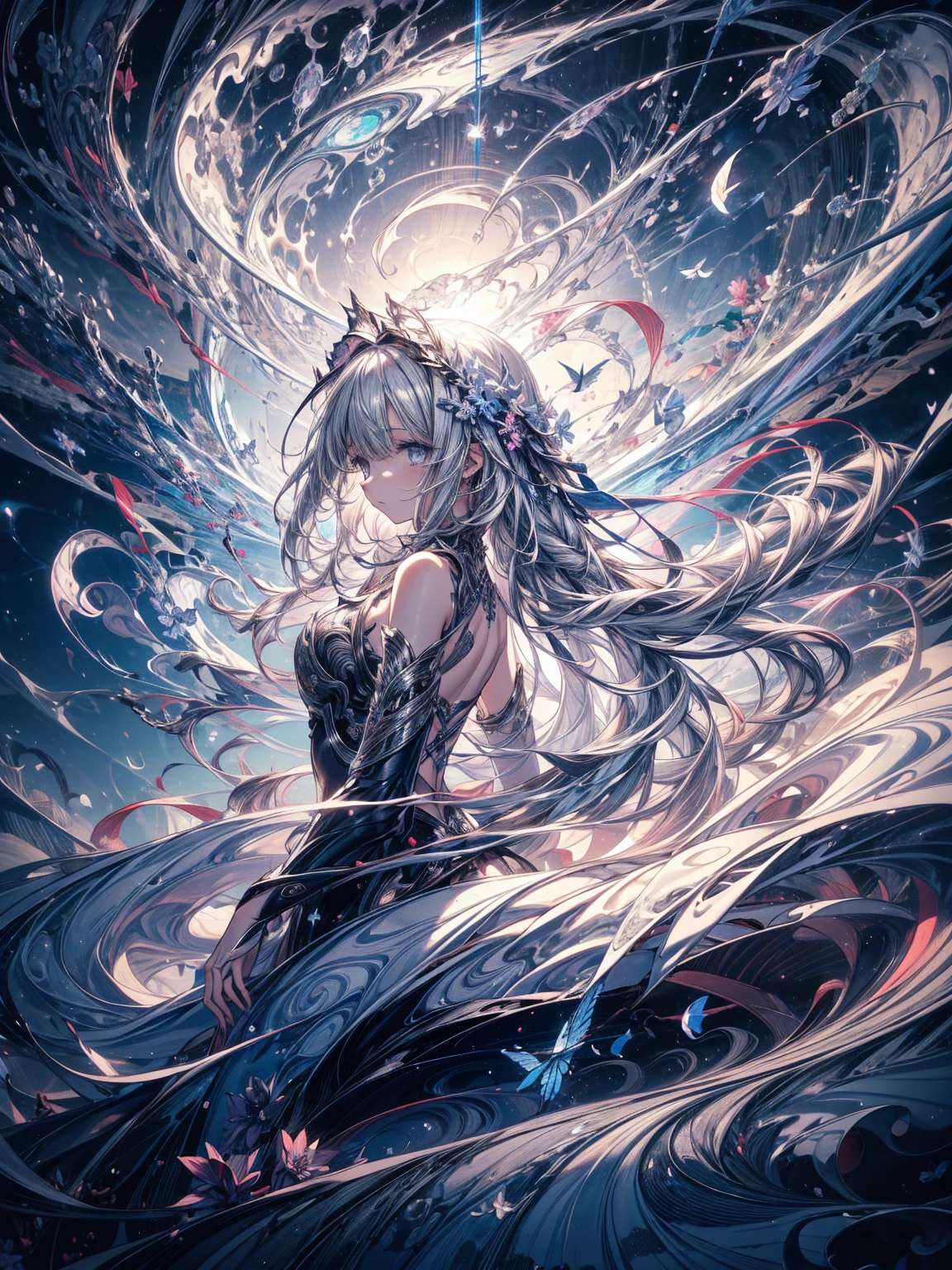 Break, waves,  1 girl, No.18, Very long hair,  Silver Slit Dress, 
Flowers Bloom ,  galaxy,  Spiral Nebula , birds,   Like a Dream ,
 Best quality, masterpiece,  ultra high resolution, illustration, Deep Shadows, edge light, 