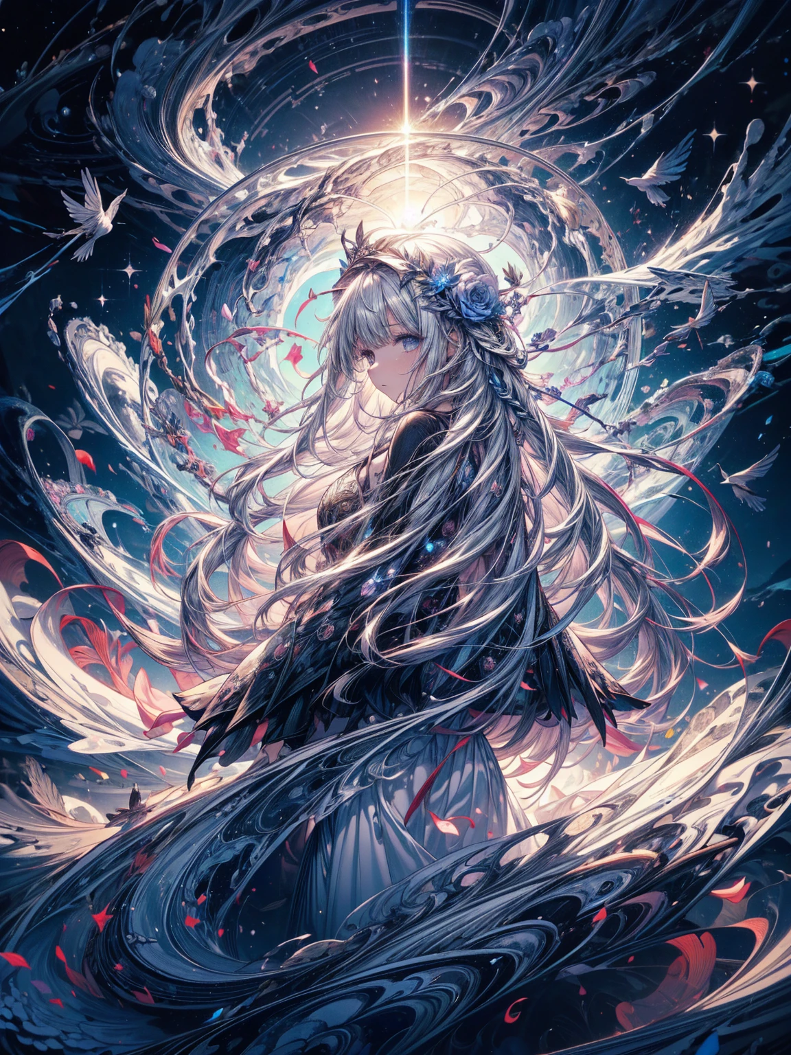 Break, waves,  1 girl, No.18, Very long hair,  Silver Slit Dress, 
Flowers Bloom ,  galaxy,  Spiral Nebula , birds,   Like a Dream ,
 Best quality, masterpiece,  ultra high resolution, illustration, Deep Shadows, edge light, 