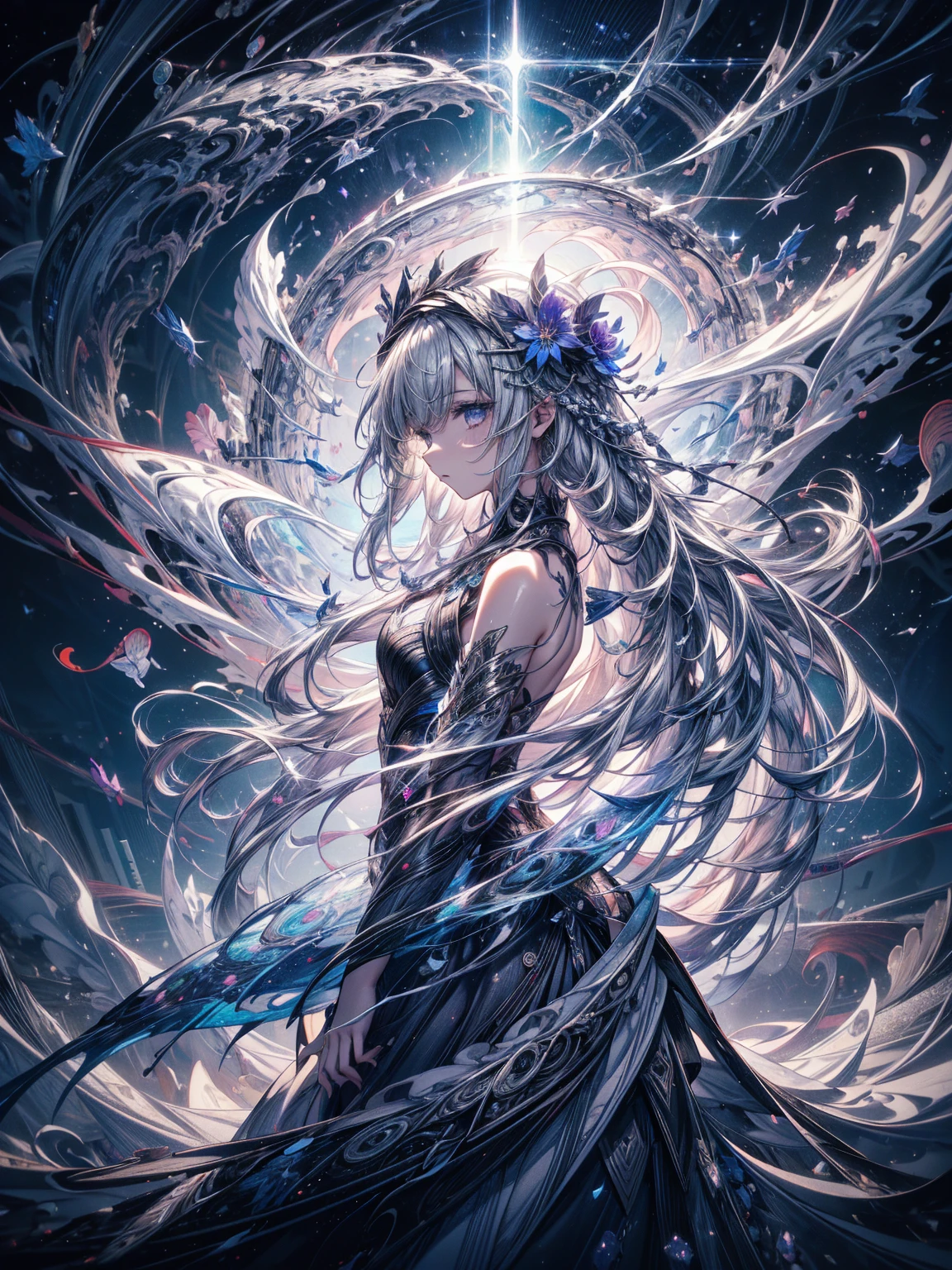 Break, waves,  1 girl, No.18, Very long hair,  Silver Slit Dress, 
Flowers Bloom ,  galaxy,  Spiral Nebula , birds,   Like a Dream ,
 Best quality, masterpiece,  ultra high resolution, illustration, Deep Shadows, edge light, 