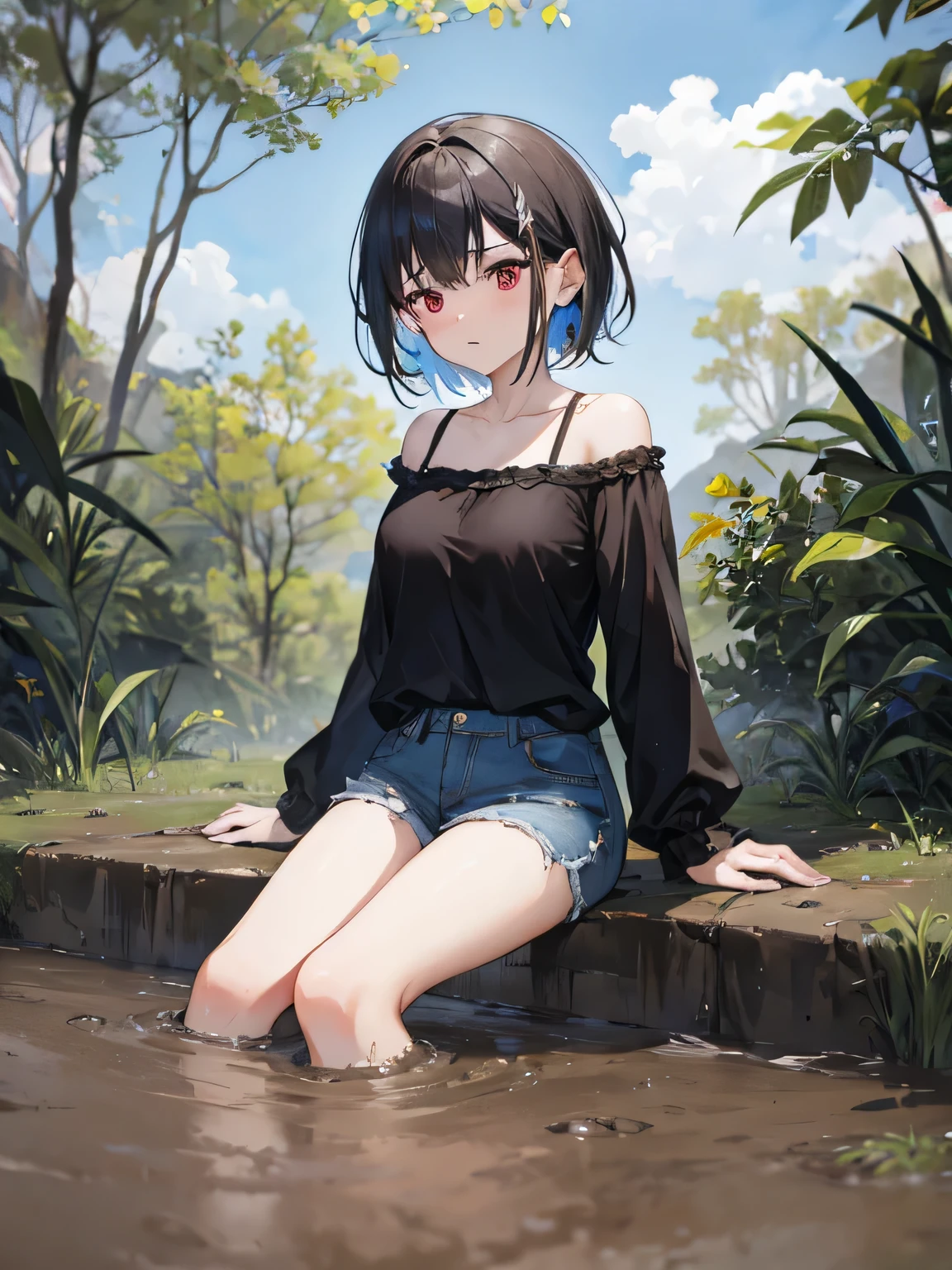 (anime style),masterpiece, best quality, extremely detailed,15Year old,tanned skin,dark skin, Beautiful body,small breasts,BREAK,multicolored colorful black hair,short hair,hair slicked back,for head,pigtails,BREAK,black eyes,out tongue,shy smile,open mouth,mouth on water,half closed eye,detailed lips,open legs,BREAK,cotton black big ribbon,BREAK,nun uniform,black_bikini,off shoulder,navel,break,head tilt,in the park,dripping,Drinking fountains,huging2girl,from behind