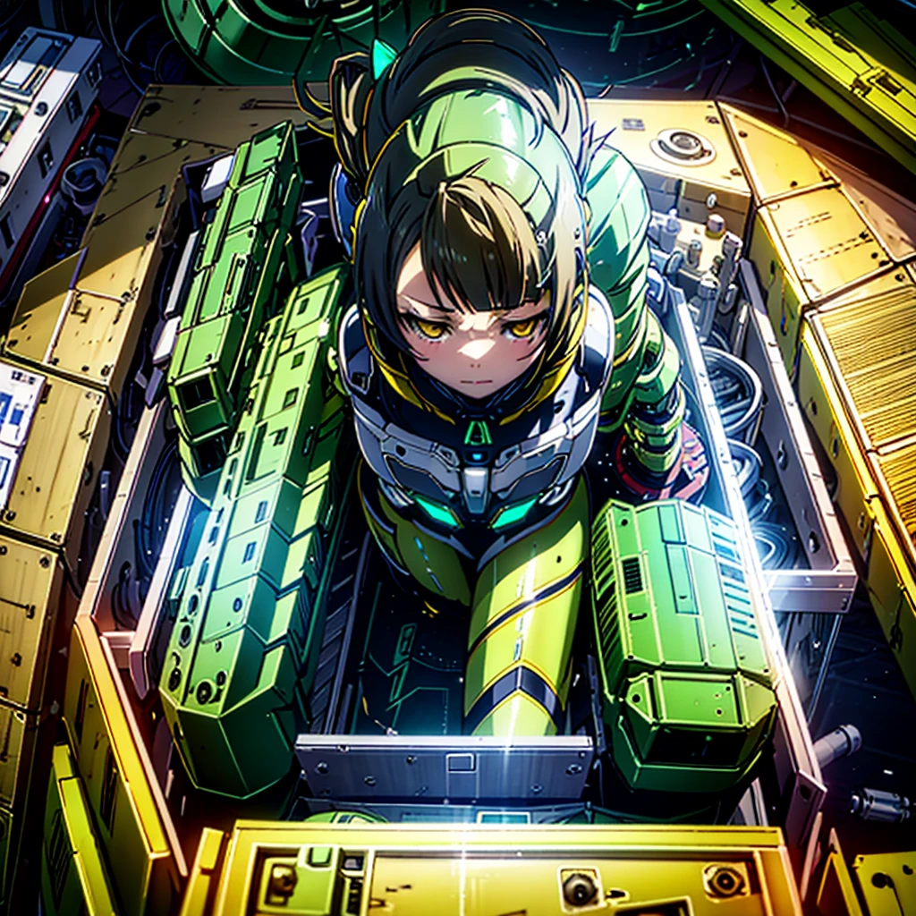 High Quality. Modification surgery. Lying on her back on the operating table at the institute. Kotori Minami being made into a cyborg with a machine body. The body of a precision machine with exposed mechanical parts. Her whole body is visible. Image from above.