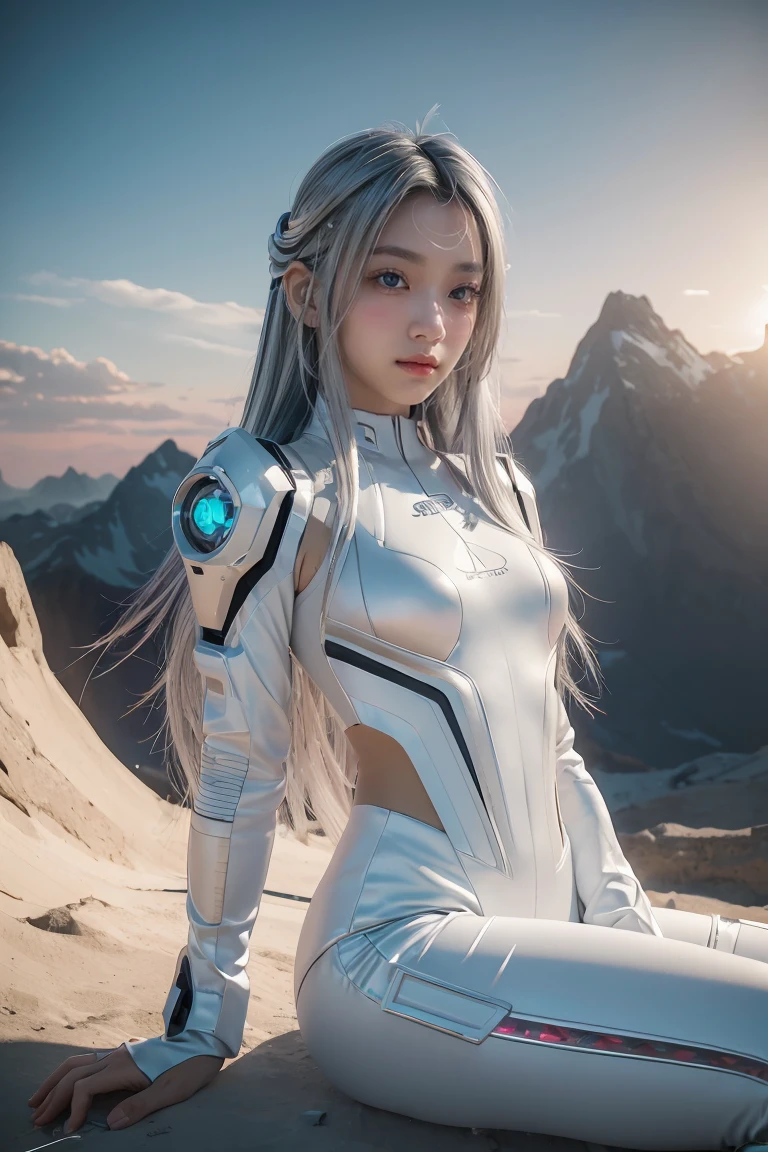 ((masterpiece, best quality, extremely detailed), volumetric lighting, ambient occlusion, colorful, glowing),
1girl, solo, young girl, (silver hair), long hair, halo, aura, sacred, goddess, cyber suit, (white outfit:1.3),
outdoors, sunset, sky, clouds, space, (cyberpunk theme:1.2),