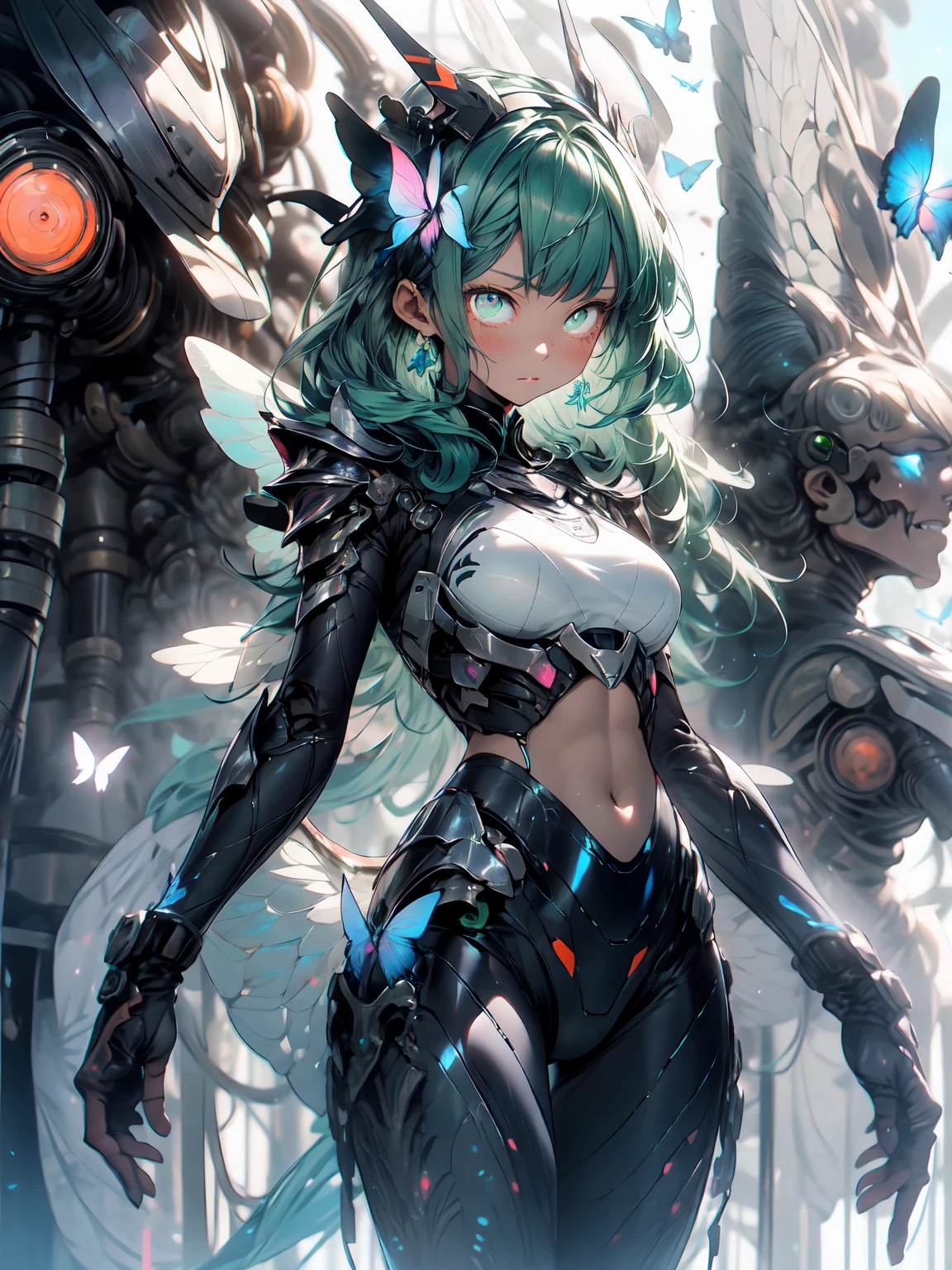 The most beautiful and sexy mecha warrior girl, neon green hair, yellow eyes, wearing a highly detailed futuristic hooded mecha battle armor, mechanical angel wings, huge enormously gigantic tits, cleavage showing, tons of tattoos and piercings, in hyper futuristic city metropolis, cherry blossoms blowing in the wind, highly detailed background, absurdres, highres, ultra detailed, (cute illustration:1.5), (cute,kawaii,sweet:1.2),
(1girl:1.4), bodysuit, cyborg girl,
hyper gigantic mechanical hands,dynamic pose,
nice hands, perfect hands, incredibly cinematic, best quality, best resolution