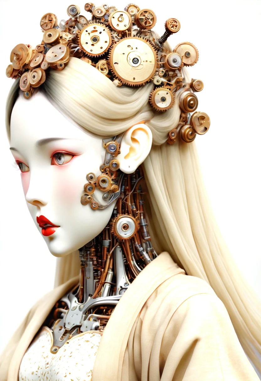 "Create a highly detailed and realistic image of a humanoid female android with intricate mechanical features. The android should have a porcelain-like face, delicately painted with soft makeup, including red lips and a subtle blush. The head should be adorned with an elaborate arrangement of gears, wires, and metallic components, creating a crown-like structure that emphasizes a fusion of technology and artistry.

The android's torso and arms should reveal a complex network of exposed gears, cogs, and metallic rods, emphasizing precision engineering. The design should include a blend of warm metallic tones such as gold, bronze, and copper. The android is draped in a flowing, soft beige robe that contrasts its mechanical interior, lending it an air of elegance and mystique.

The setting should be minimalistic, with a neutral background to draw full attention to the android's intricate details and craftsmanship. The lighting should highlight the shine of the metallic components and the soft texture of the fabric, creating a balance between warmth and modernity."