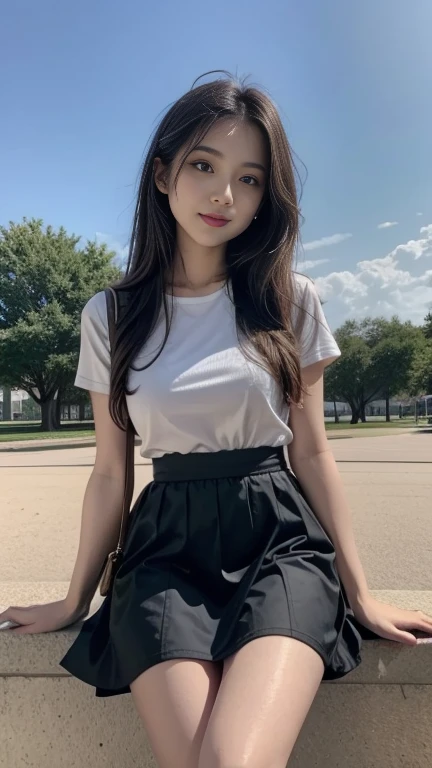 one girl sitting at park, kneet sweeter and skirt