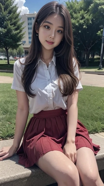 one girl sitting at park, kneet sweeter and skirt