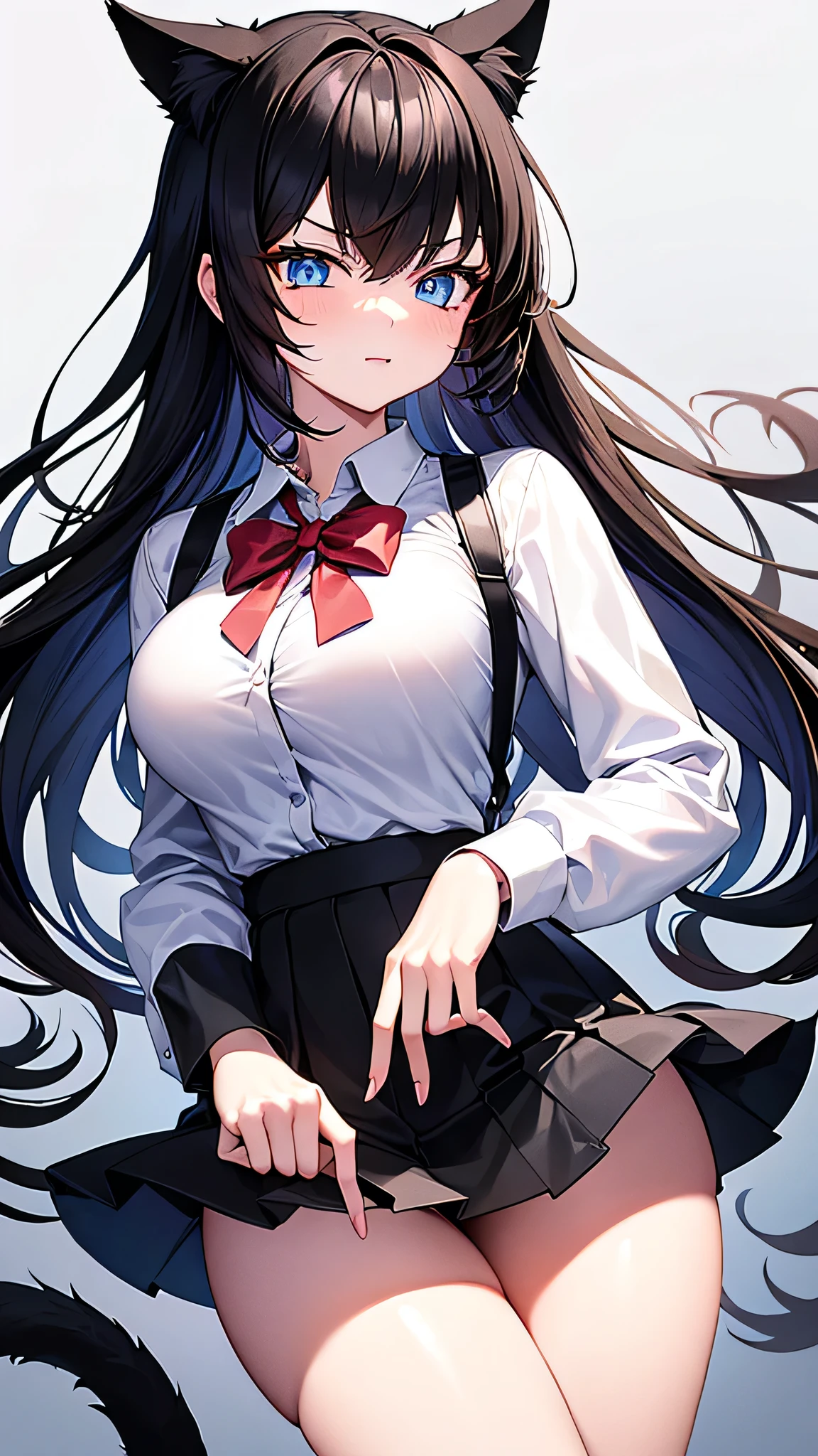 (Hentaicat girl age 21 yearold) ( black hair, loose hairstyle ) Has black cat ears, has a black cat tail, large breasts (Light blue eyes, sharp eyes) Perfect finger (One piece set White long sleeve shirt Black miniskirt school uniform dress) stand