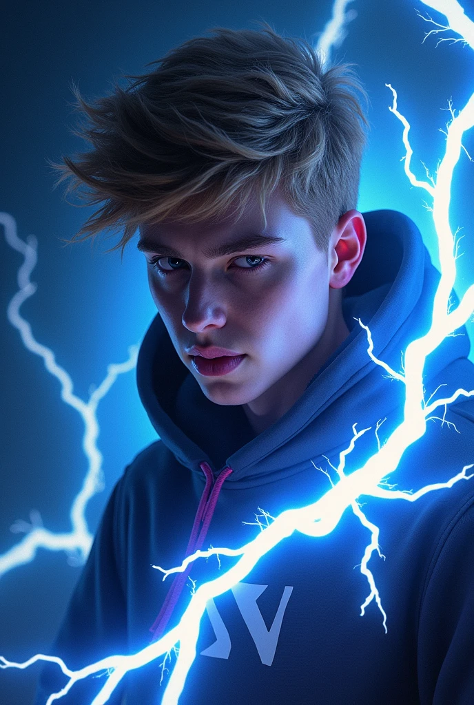 12 year old blonde girl, a portrait, wearing a black hoodie and letting out lightning bolts with her fingers, real UHD, real life, masterpiece, ccurate, textured skin, super detail, best quality, high quality, high details, 4K