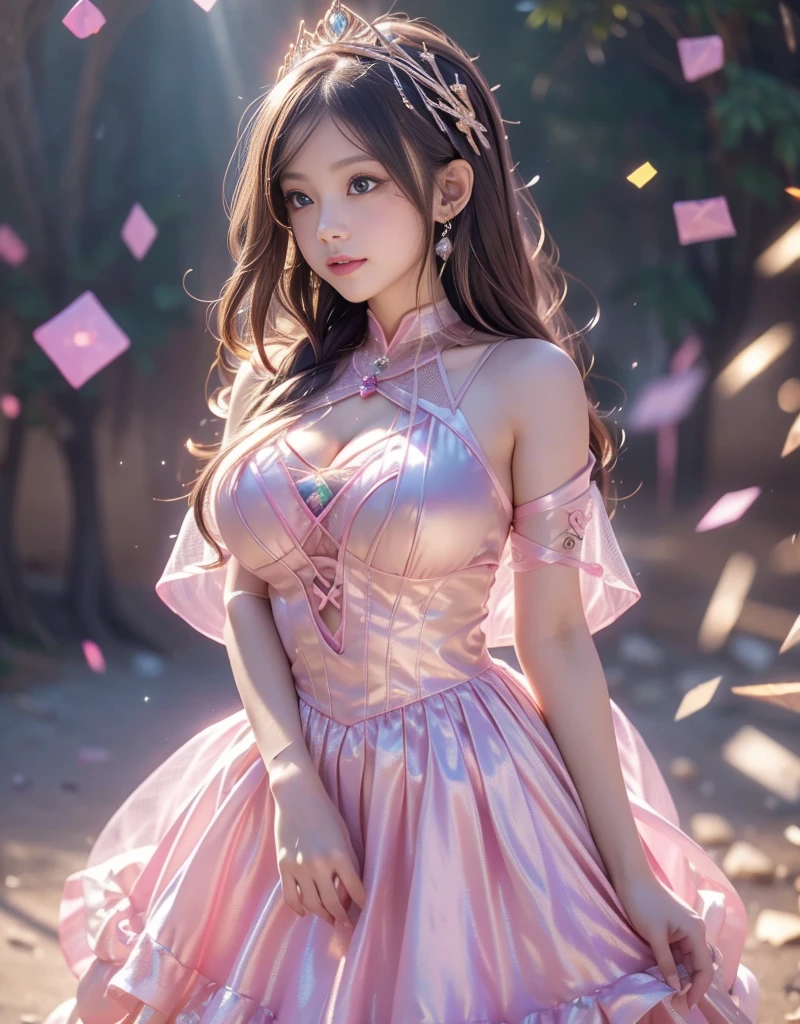 8k,   super high resolution,   Masterpiece ,   best quality,   1 girl, ((  realistic face)), Happy Pace  ,   Very Long Hair , Big Breasts, Decoration的なドレス, very beautiful Decoration dress,   Shining Pink  , (( princess your ddler)), Mesh dress,   Mesh Cape Flowing  , sardine, loop, ((Decoration)),  Legendary,   depth of writing,   cinematic lighting that makes us stand out when sticking out our tongues,  Color Difference,   Motion Blur , Shining light, god rays,   ray tracing , ((Reflected light)), light, bloom,  Color Difference abuse, 