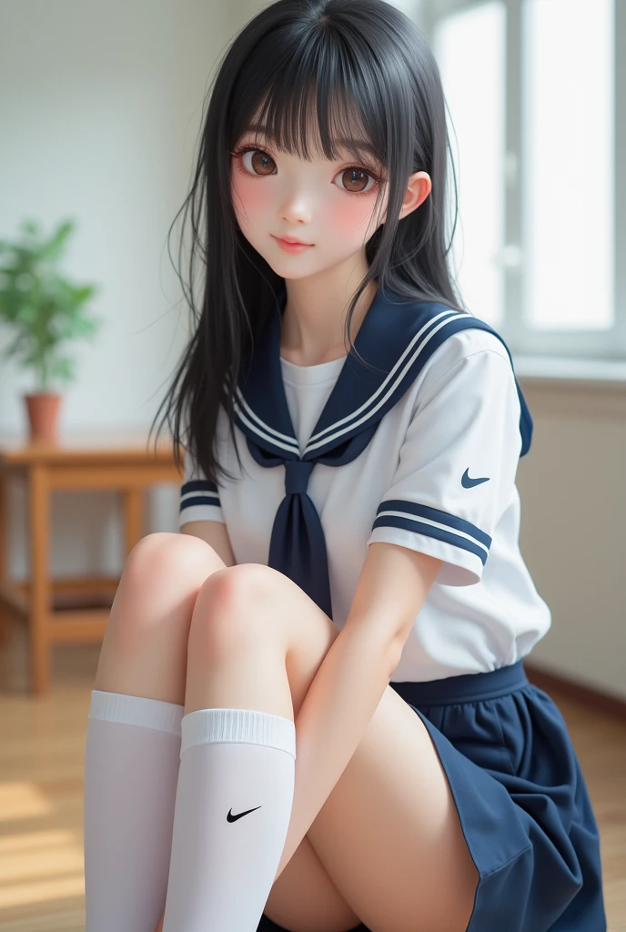 (10yaers old, girl with、)(Cosplay for elementary school students)(summer clothing、)gymnastic suit、shortsleeves, sitting on the floor