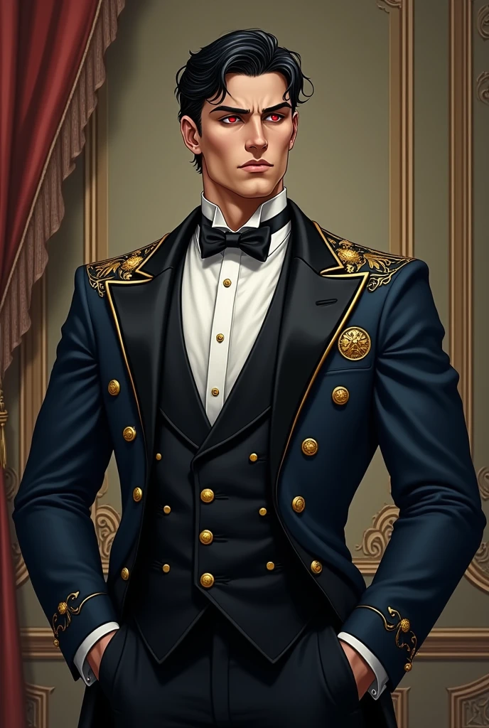 Sherlock Holmes is shirtless but with a peacoat on with a thick jockstrap with no pants on with a chiseled torso and v shape abs, a detailed face with clean lines. gorgeous eyes. in an 18th century English pub setting background.