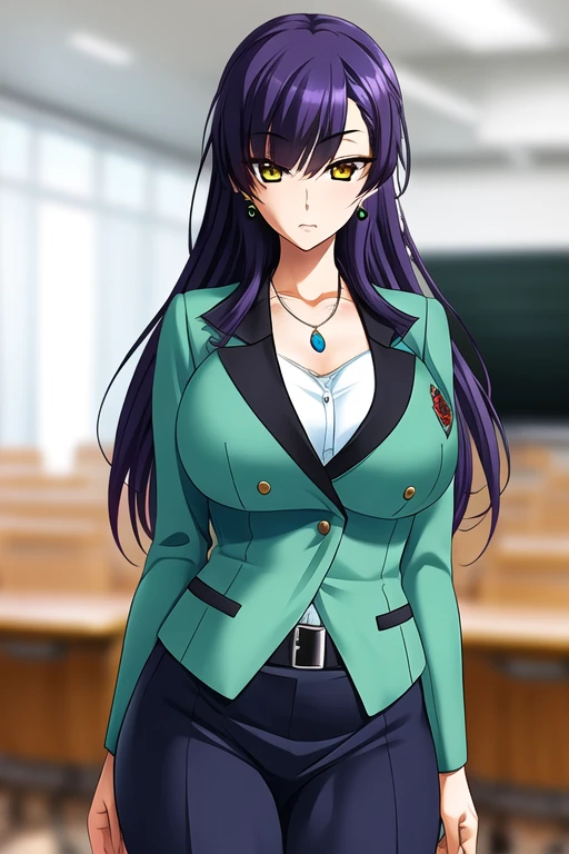  1 girl ,  adult woman, Female Teacher,After class 2,kaoruko sakakibara ,Purple Hair,  long hair,  hair hanging over shoulders ,bangs,7：3 parted hair ,Yellow Eyes,Gemstone Earrings,clavicle,pendant, normal breasts,Light green jacket, white blouse,belt, navy blue long skirt, yellow pumps , simple school empty classroom background,Head to Knee, standing straight ,Alone,  anatomically correct ,  is high definition , Accurate, 最  High Quality  ,  high detail, ,  High Quality  , Ultra High Definition, textured skin,  8k octane,