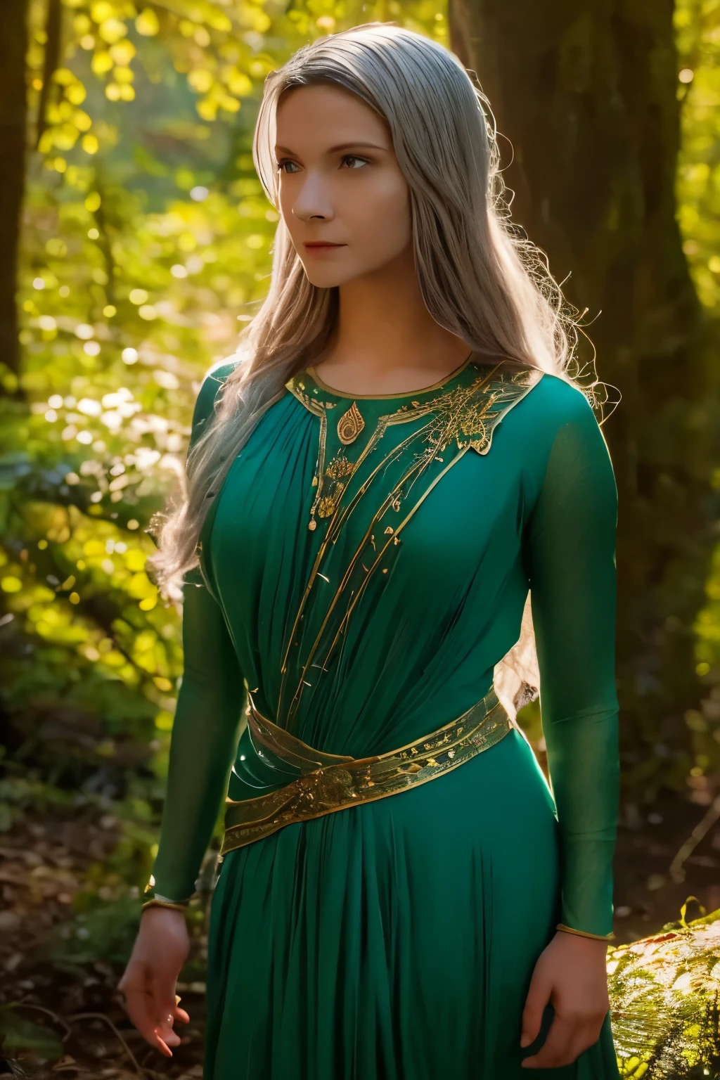 Galadriel, a radiant elven queen, standing gracefully in a magical elven forest bathed in soft, ethereal light. She is wearing a flowing green dress adorned with intricate golden embroidery, reminiscent of delicate vines and leaves, perfectly complementing the lush surroundings. Her long, silvery hair cascades over her shoulders, glowing softly in the dappled sunlight filtering through ancient, towering trees. The forest is alive with magical energy, featuring bioluminescent flowers, sparkling streams, and faint, glowing particles floating in the air. Her expression is serene and wise, her piercing eyes reflecting the timeless beauty and wisdom of the elves. The scene is infused with an otherworldly atmosphere, with fine details in the textures of her dress, the bark of the trees, and the vibrant flora. Photorealistic rendering, ultra-high-definition, with dramatic, yet soft lighting highlighting her elegance and the magical ambiance of the forest.