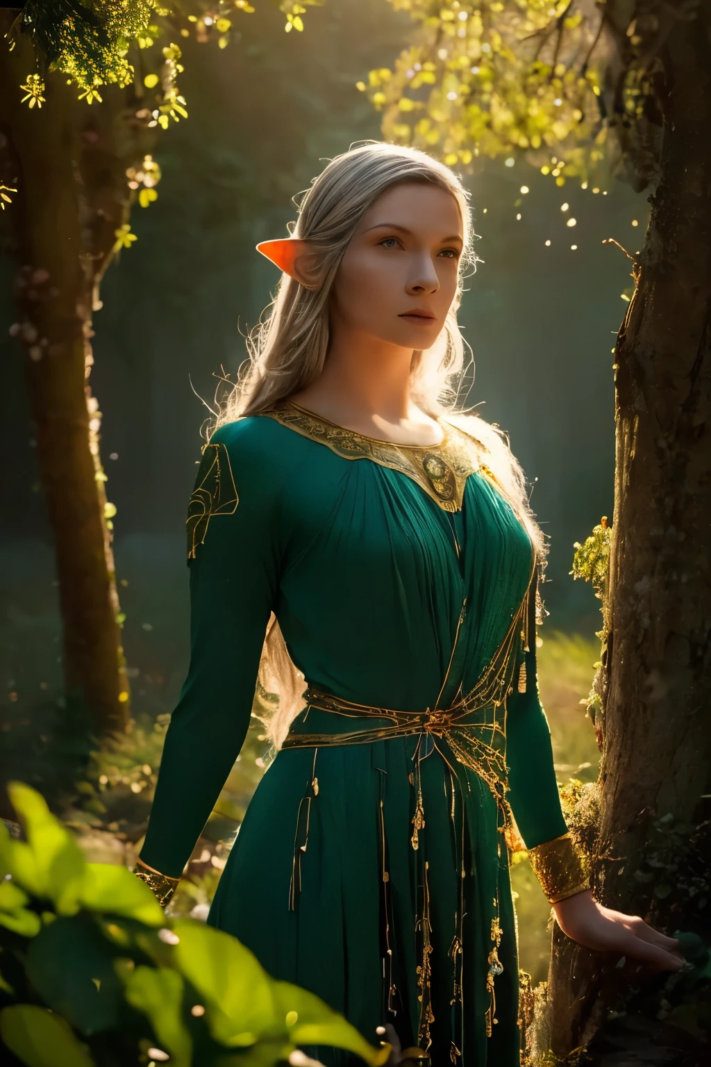 Galadriel, a radiant elven queen, standing gracefully in a magical elven forest bathed in soft, ethereal light. She is wearing a flowing green dress adorned with intricate golden embroidery, reminiscent of delicate vines and leaves, perfectly complementing the lush surroundings. Her long, silvery hair cascades over her shoulders, glowing softly in the dappled sunlight filtering through ancient, towering trees. The forest is alive with magical energy, featuring bioluminescent flowers, sparkling streams, and faint, glowing particles floating in the air. Her expression is serene and wise, her piercing eyes reflecting the timeless beauty and wisdom of the elves. The scene is infused with an otherworldly atmosphere, with fine details in the textures of her dress, the bark of the trees, and the vibrant flora. Photorealistic rendering, ultra-high-definition, with dramatic, yet soft lighting highlighting her elegance and the magical ambiance of the forest.