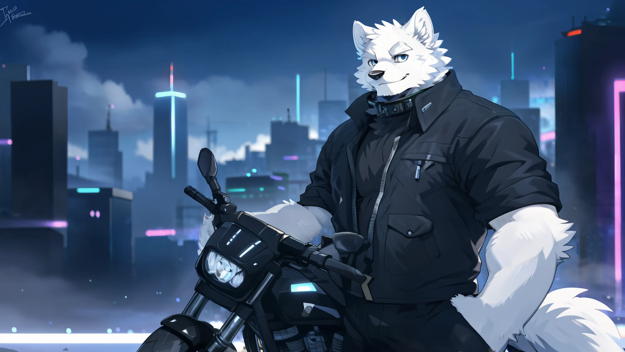 ((all white fur:1.5)), solo, Perfect sky blue eyes, Spike Collar, (artist:Takemoto Arashi), Mature face, elder, longeyelashes, Wearing actical functional work colthing|Black pants, ((Thin and tall figure)), Leaning next to the motorcycle, City night background, barefoot, fang out, Smile evilly, Cyberpunk, Eye details, first-person view, from side, atmospheric perspective, super detail, high details, 8k