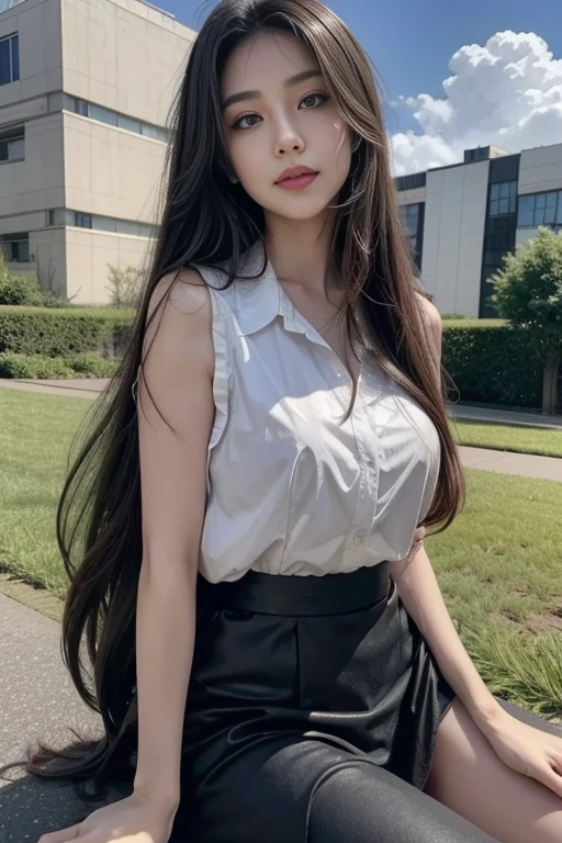 ((Best Quality, 8K, Masterpiece:1.3)), A beautiful girl, pure, melon face, gentle and cute, sweet smile, pure desire, thin figure, (frontal), (tilted head), looking directly at the camera, uniform, obi, formal, black silky long straight hair, long hair flowing over the shoulders, round black big eyes, clear big eyes, moist red lips, sweet, sitting on the side of the road, blue sky and white clouds, grass, buildings,