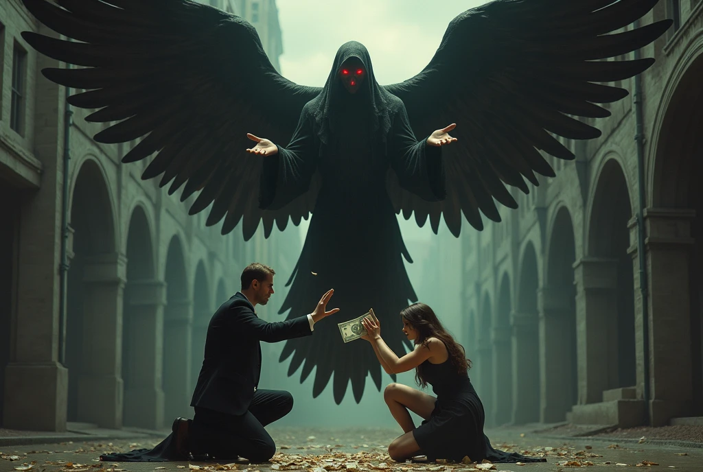 A scene showing a person hesitantly reaching out to touch the statue, their hand inches away from the cold, blackened bronze. The air is thick with tension, and the shadow of the angel seems to loom larger, as if warning them to stop