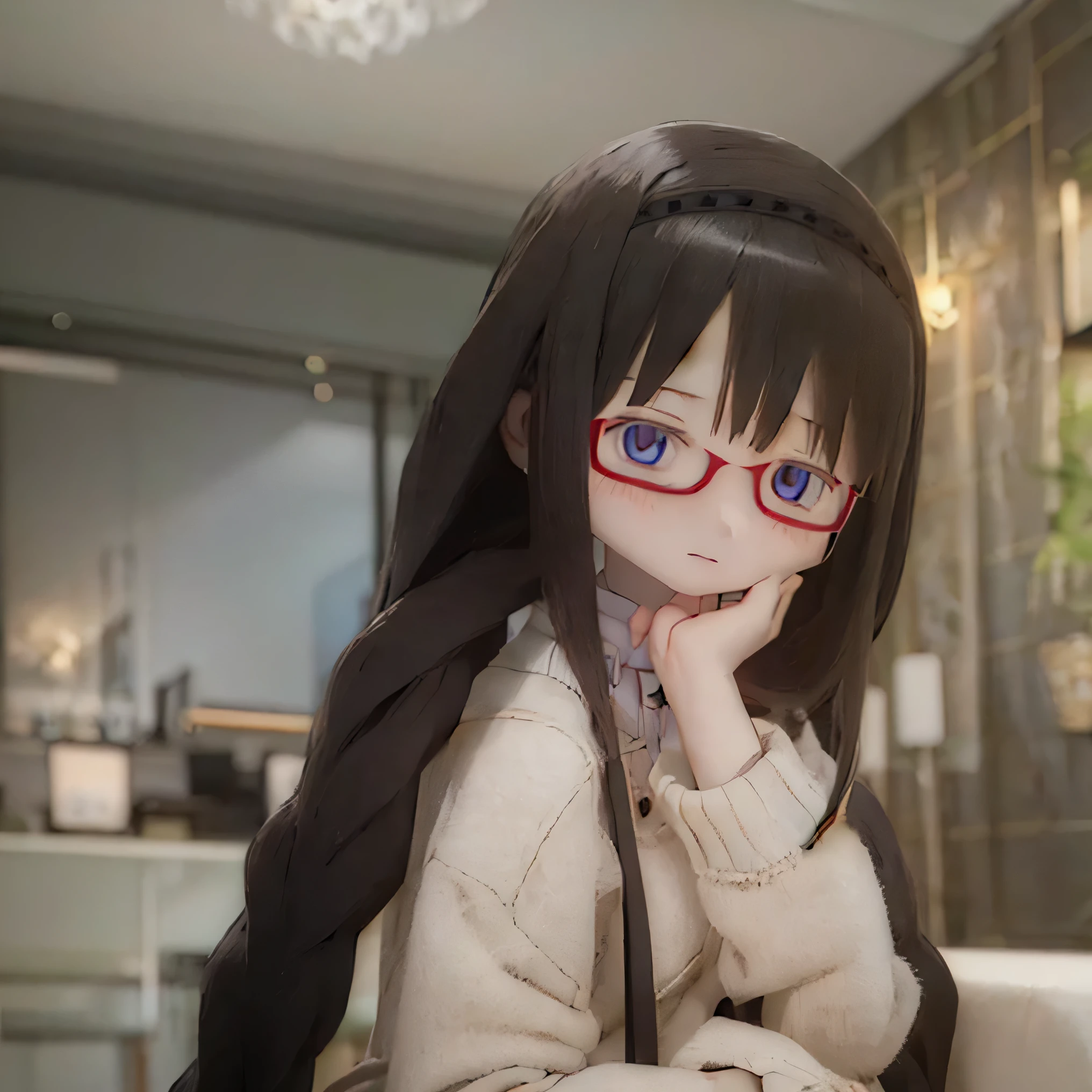 (table top), highest quality, expressive eyes, perfect face　　　small chest with closed mouth
　(((barefoot)))Akemi Homura  standing　black hair、sit on a chair、black rim glasses、topless