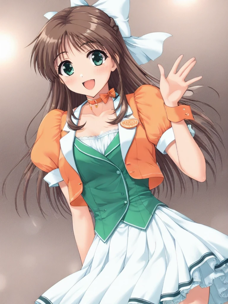 masterpiece, best quality, HinomoriAzusa, 1girl, solo, brown hair, long hair, green eyes, medium breasts, smile, blush, waitress, idol type, idol type, idol type, dress, short sleeves, puffy sleeves, orange shirt, vest, :d, green vest, choker, white skirt, hair bow, white bow,