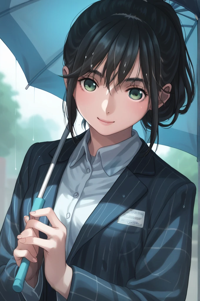 Tall　Hairstyle sauvage long　 black hair　Poses like a photo book　Green Eye　Holding an umbrella in a rainy park　 blazer　Gentle smile