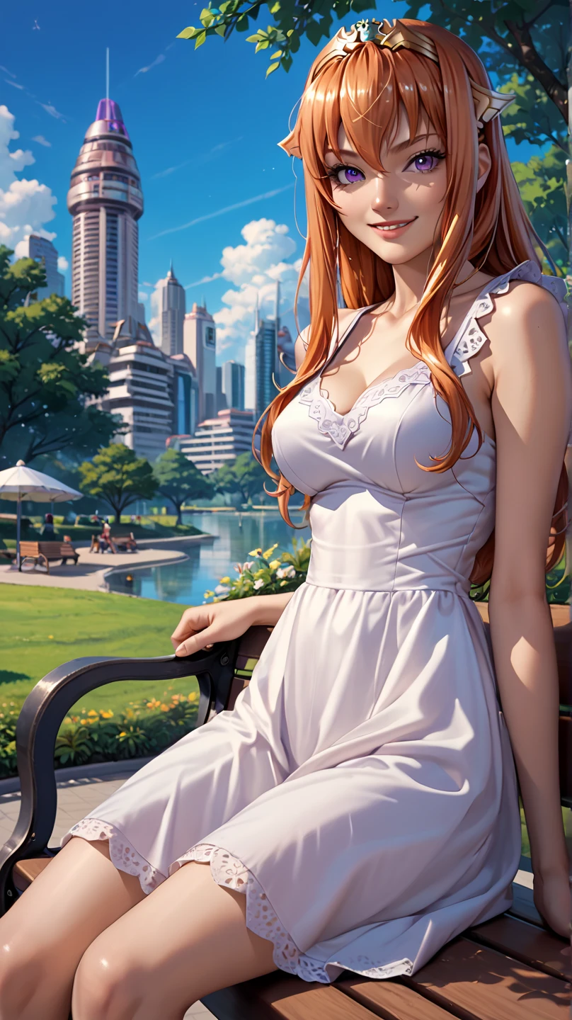 score_9, score_8_up, score_7_up, score_6_up, cowboy shot, semi-realistic, smile, anime style,alien planet, spaceship, outdoors, sky,  1girl,bench, sitting, Maya Cordelia, 1girl,
orange hair, long hair, sidelocks, purple eyes, tiara,
short dress, sundress, park, bench, sitting, outdoors, summer