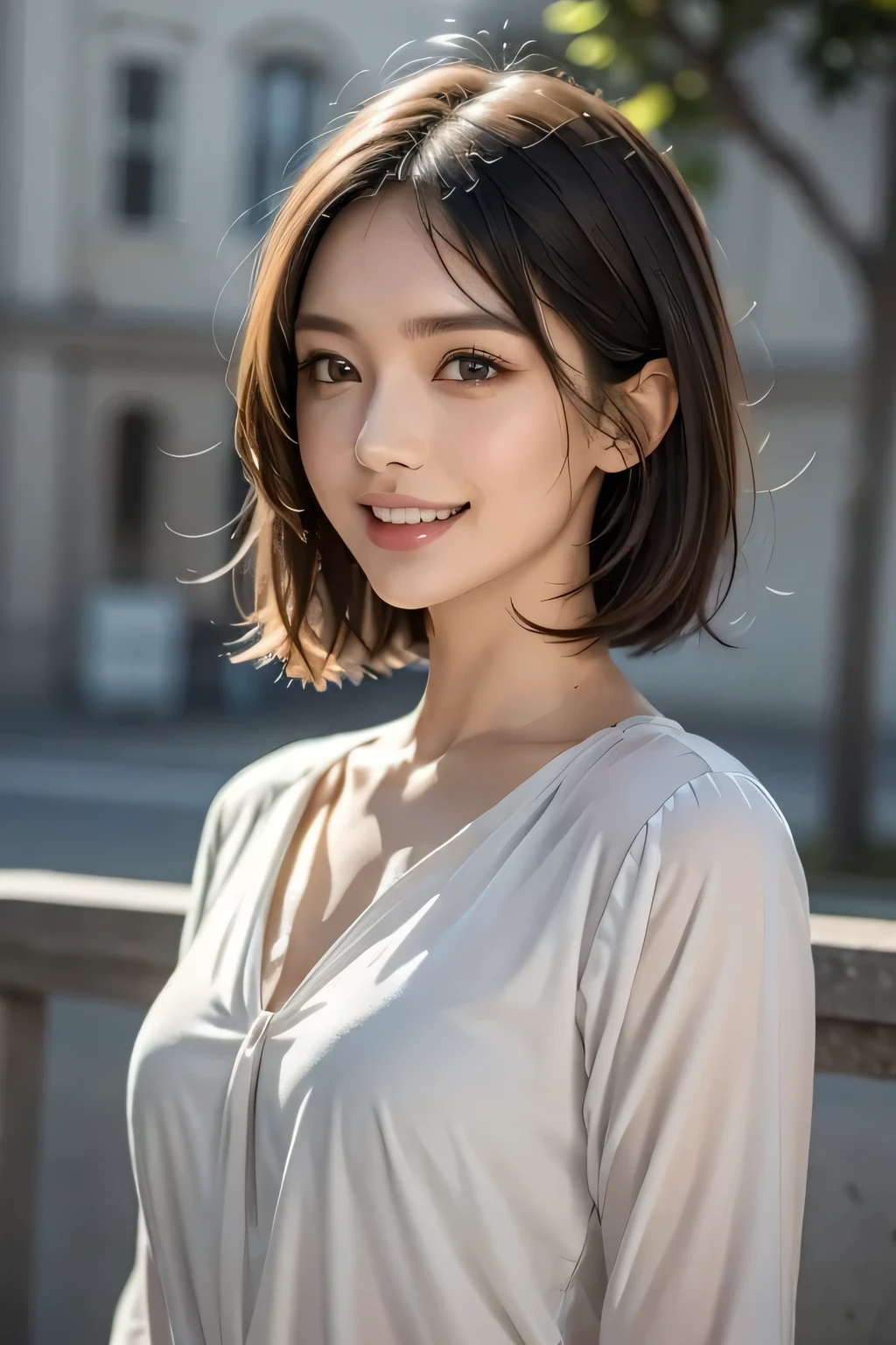 ((masterpiece)), ((Highest quality)), ((Complex)), ((Surreal)), (Realistic), (Mature Woman), ((There are no classes)), Very detailed, (1 female), Beautiful and exquisite, (Beautiful Teeth), Grin, Brunette Bob Hair, Brown eyes, ((blouse)), (Upper Body), (background:none), Perfect Eyes, Captivating eyes, Looking at the audience