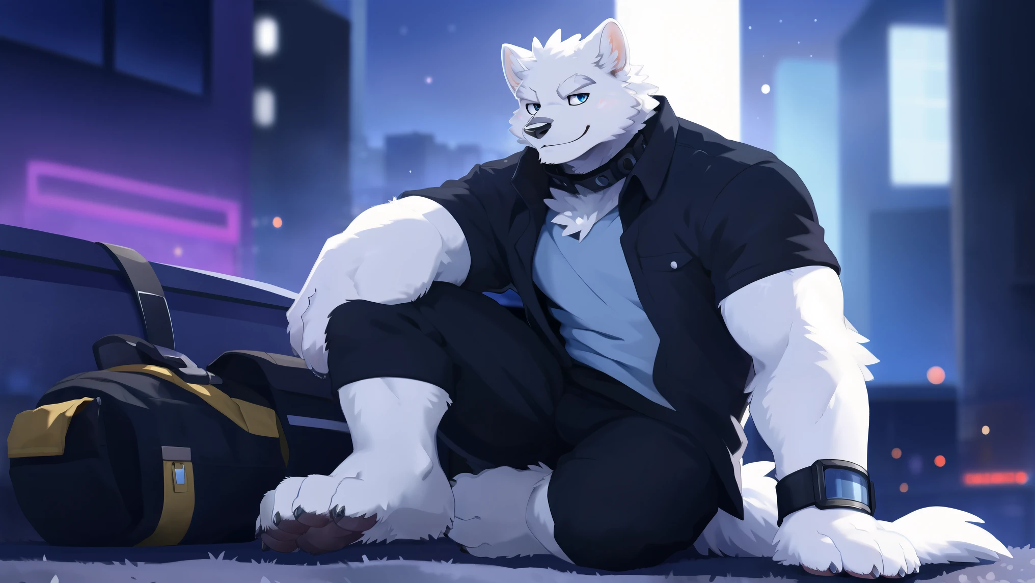 ((all white fur:1.5)), solo, Perfect sky blue eyes, Spike Collar, (artist:Takemoto Arashi), Mature face, elder, longeyelashes, Wearing actical functional work colthing|Black pants, ((Thin and tall figure)), Leaning next to the motorcycle, City night background, barefoot, fang out, Smile evilly, Cyberpunk, Eye details, first-person view, from side, atmospheric perspective, super detail, high details, 8k