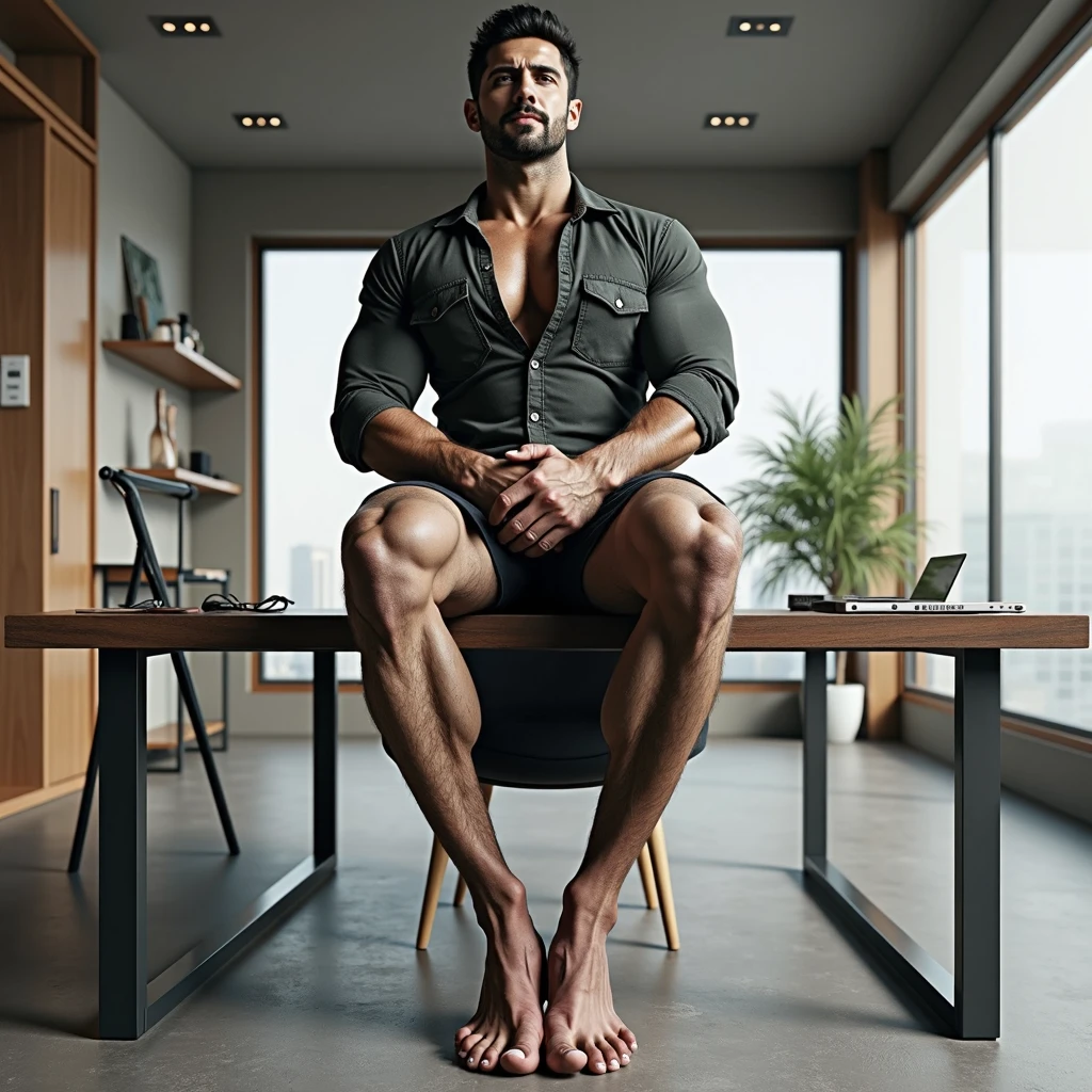 45 yers old,Guardiola,Shirtless,Tong,Bulge,office room,smokes,One person holding a person,black long socks,Thin,musculature,lbeard,fortitude,artwork of a,tmasterpiece,k hd,an look of enjoyment,Blue panties,hindquarters