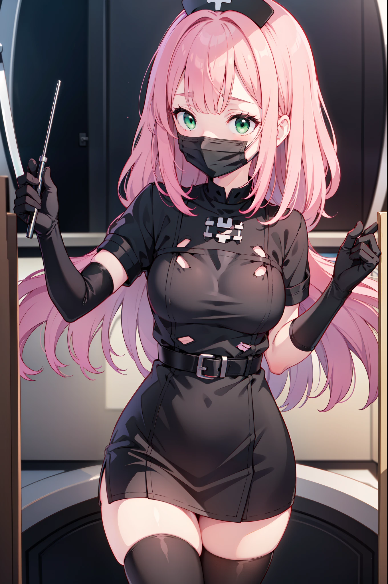 black nurse, 1woman, solo, black nurse cap, black nurse uniform, ((black legwear, zettai ryouiki)), black elbow gloves, pink hair, green eyes, drooping eyes, ((black surgical mask, covered nose)), standing, ((surgery room)), sharp outline, short sleeves, mature female, 32 years old, best quality, masterpiece