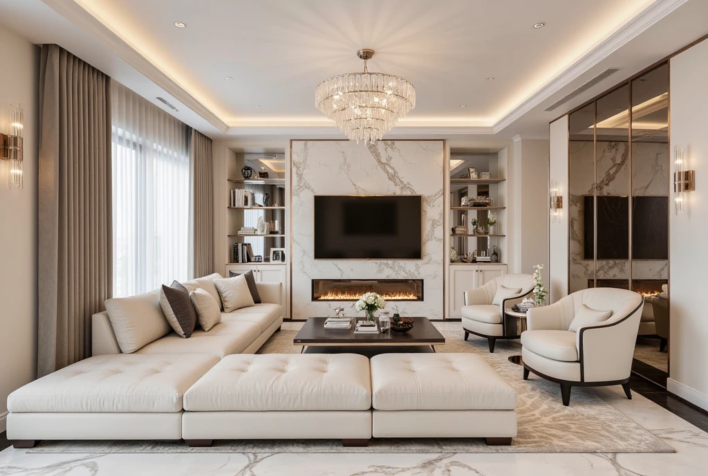 This image showcases a luxurious and contemporary living room with a sophisticated, yet inviting atmosphere. The room is anchored by a plush, off-white sofa and a matching oversized ottoman, creating a comfortable and spacious seating area.  Two elegant armchairs with rounded backs add to the seating options. A sleek, dark coffee table sits in the center, providing a surface for decorative items and refreshments.

The room features a striking marble floor and a partial marble wall, adding a touch of opulence and visual interest. A large, flat-screen television is mounted on the marble wall above a modern fireplace, creating a focal point for entertainment.  Built-in shelving provides storage and display space.

Large windows offer ample natural light and a view of the exterior, while elegant taupe drapes provide privacy and soften the light. A dramatic, multi-tiered chandelier with crystal accents hangs from the mirrored ceiling, adding a touch of glamour and reflecting the light throughout the room. Wall sconces provide additional illumination.

The overall color palette is neutral and sophisticated, with creams, whites, and taupes dominating the space. Touches of black in the furniture and rug add contrast and definition. The room is clearly designed for both comfort and style, offering a luxurious and inviting space for relaxation and entertainment. Enhance the quality of rendered images! Here are some key suggestions: 1. **Resolution**: Increase the resolution for sharper and more detailed visuals. 2. **Lighting**: Experiment with different light sources and angles to achieve realistic effects. 3. **Materials and Textures**: Use high-quality textures and pay attention to details like reflections. 4. **Post-Processing**: Adjust contrast, brightness, and color balance after rendering to elevate the images. 5. **Render Settings**: Optimize settings like anti-aliasing and global illumination to enhance quality without extending rendering time. Implement these tips t