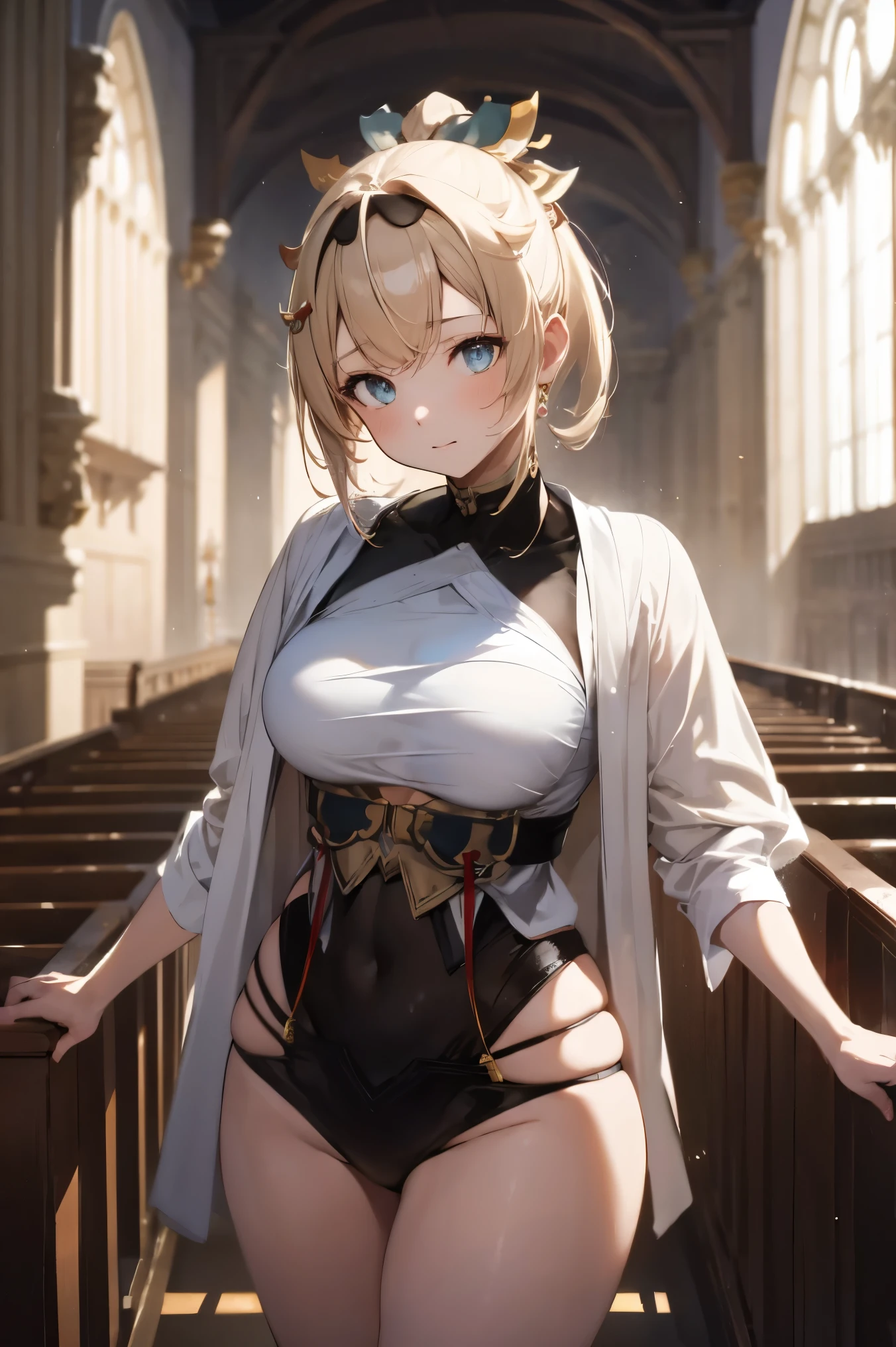 NSFW,masterpiece, best quality, high definition , very detailed,Kazama Iroha、Dancer, fantasy standing in a church,Luxurious building, Adventurers Guild, reception counter