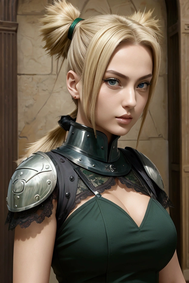 1 italian woman, break: blonde, dark green eyes, half up hairstyle with pigtails, temari reference, detailed face, tall , hot woman , strong body woman, armored, lace style, background in garden of castle
