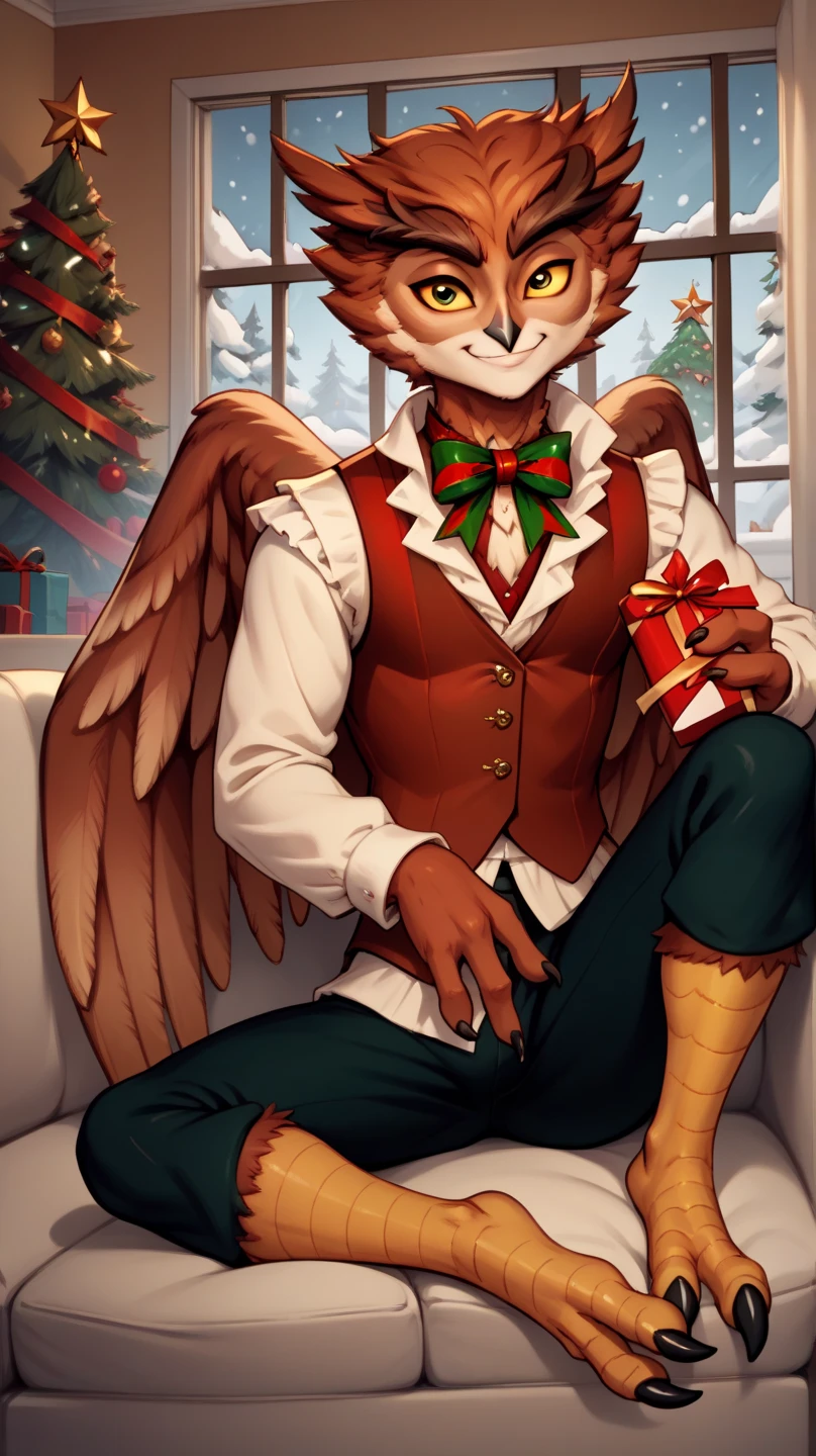 masterpiece, 1boy, herneval, solo, owl, feathered, wings, vest, yellow sclera, three fingers each hand, bird legs, xmas, victorian indoors, xmas tree, pile of xmas gifts, snow in window, sitting in a red couch, light smile, 