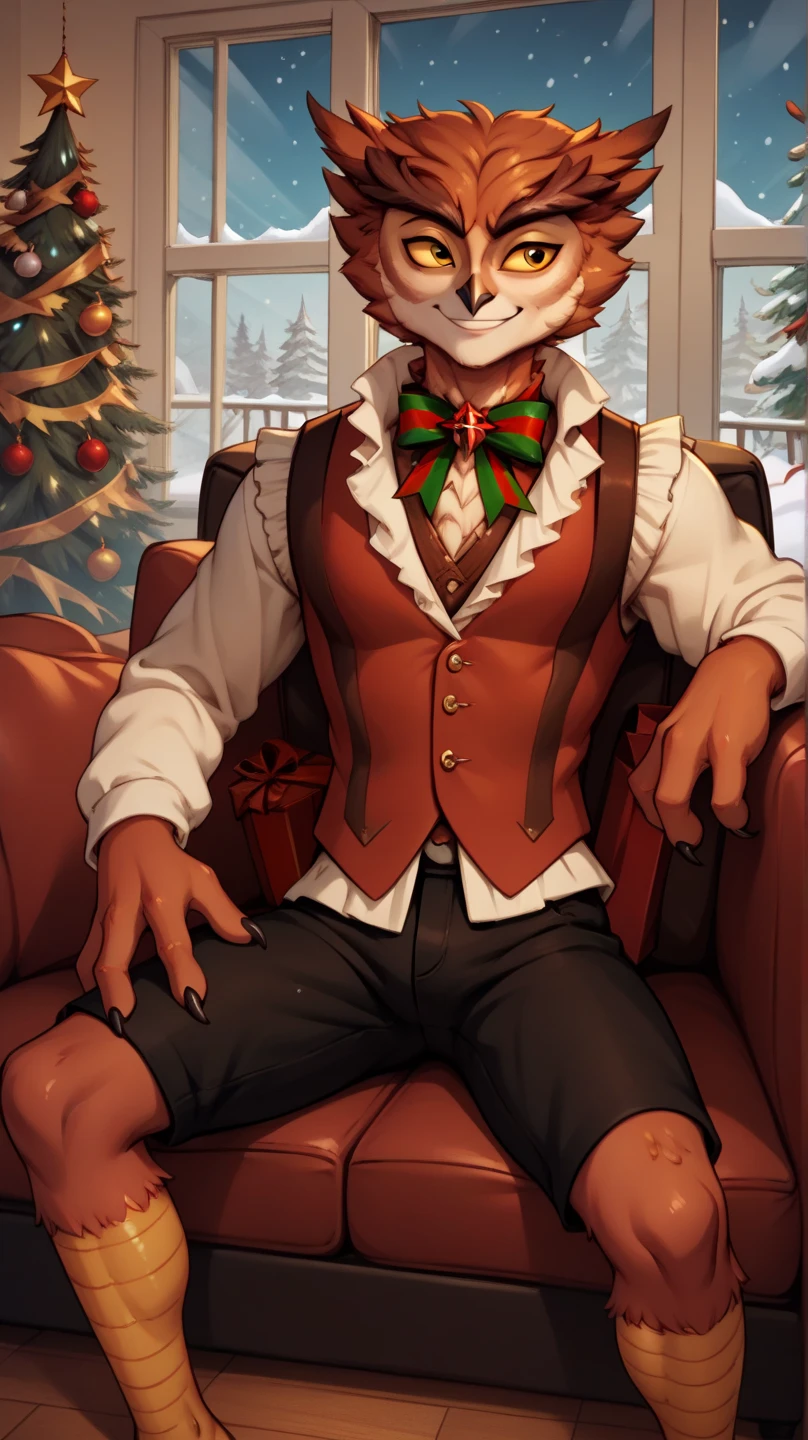 masterpiece, 1boy, herneval, solo, owl, feathered, wings, vest, yellow sclera, three fingers each hand, bird legs, xmas, victorian indoors, xmas tree, pile of xmas gifts, snow in window, sitting in a red couch, light smile, 