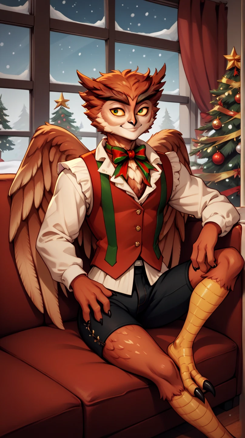 masterpiece, 1boy, herneval, solo, owl, feathered, wings, vest, yellow sclera, three fingers each hand, bird legs, xmas, victorian indoors, xmas tree, pile of xmas gifts, snow in window, sitting in a red couch, light smile, 