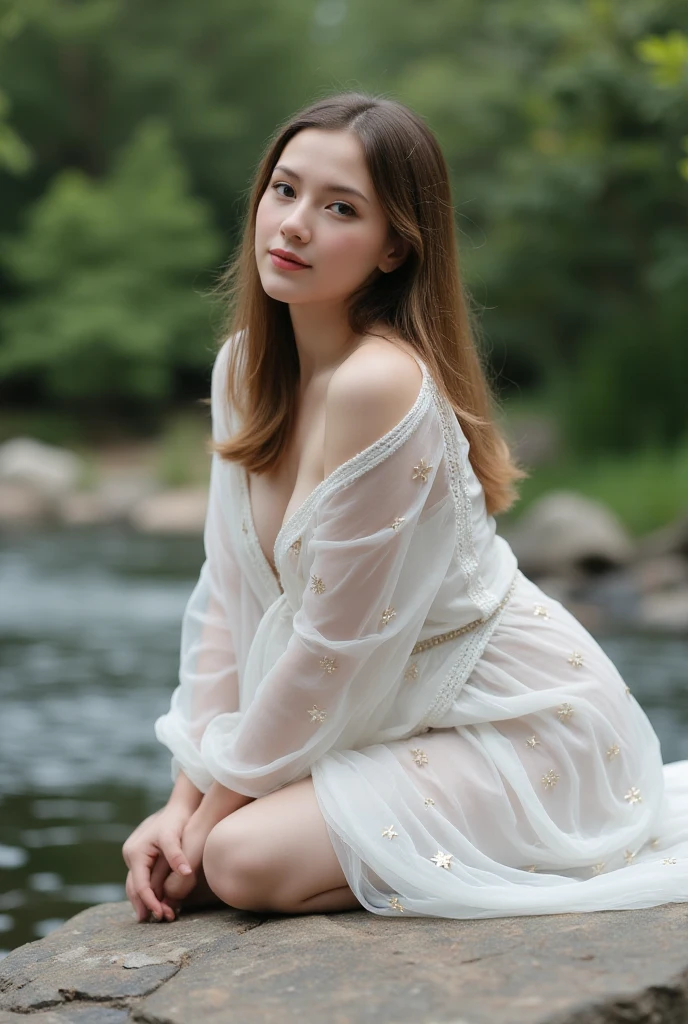 , Tina slipped into a sheer, white nightgown with a delicate, lace trim. The garment was adorned with tiny, embroidered stars, giving it a celestial, dreamlike quality. Tina posed on a large, flat rock near the river, taken by canon eos 90D